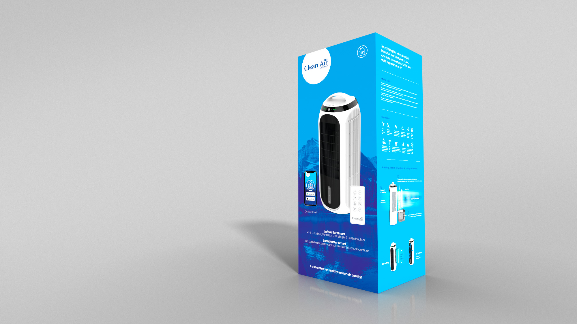 Emballage d'un refroidisseur d'air blanc avec télécommande et icône d'application.