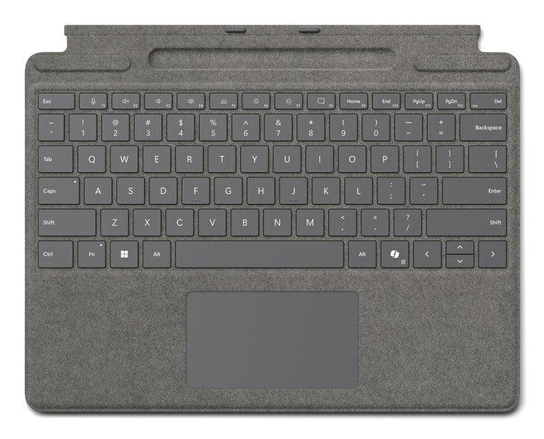 Copertura tastiera grigia con touchpad ed etichette dei tasti.
