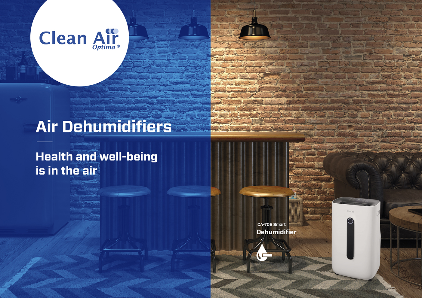 Air dehumidifier in a modern room with seating and sofa.