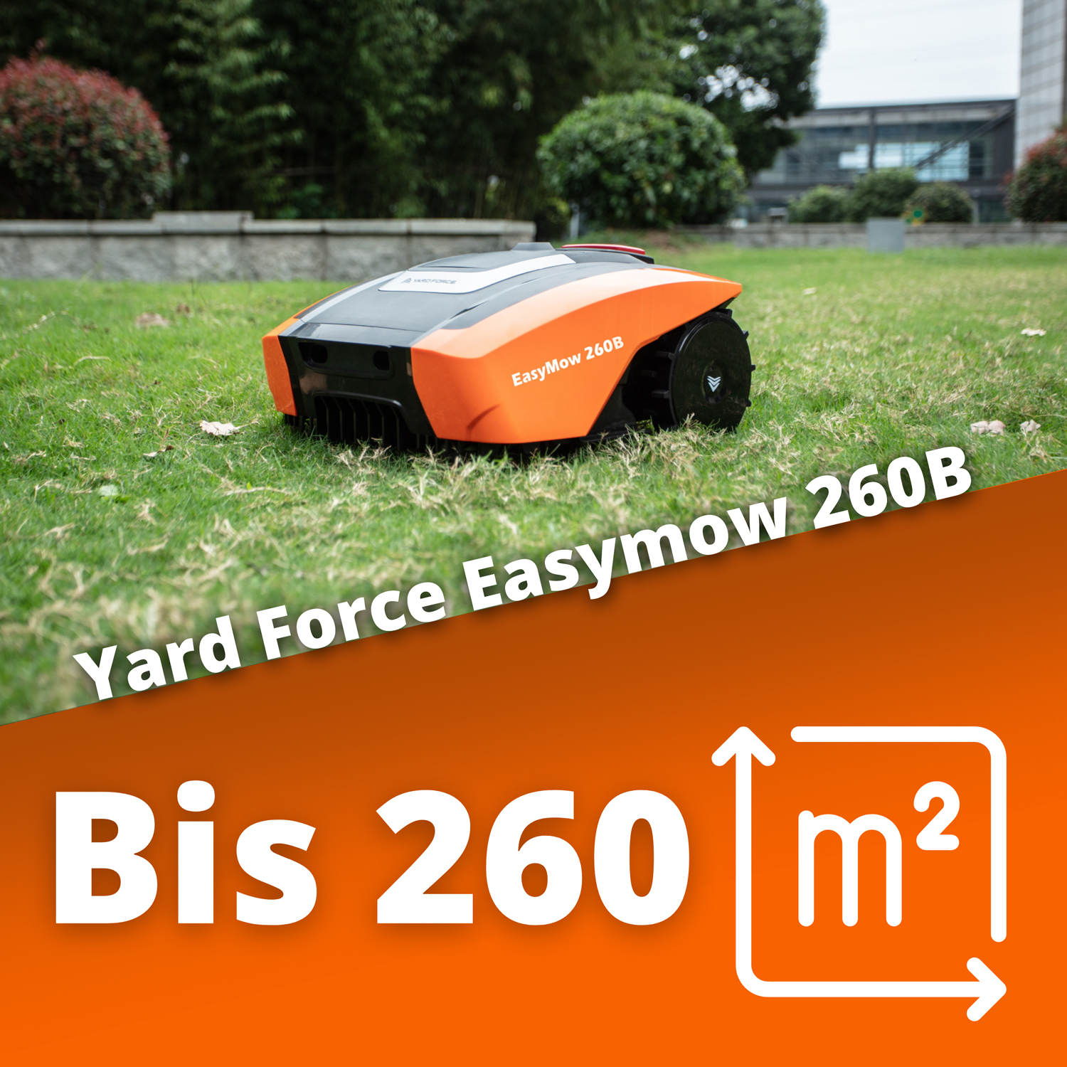 Orange-schwarzer Mähroboter auf grünem Rasen, Text: 'Yard Force Easymow 260B'