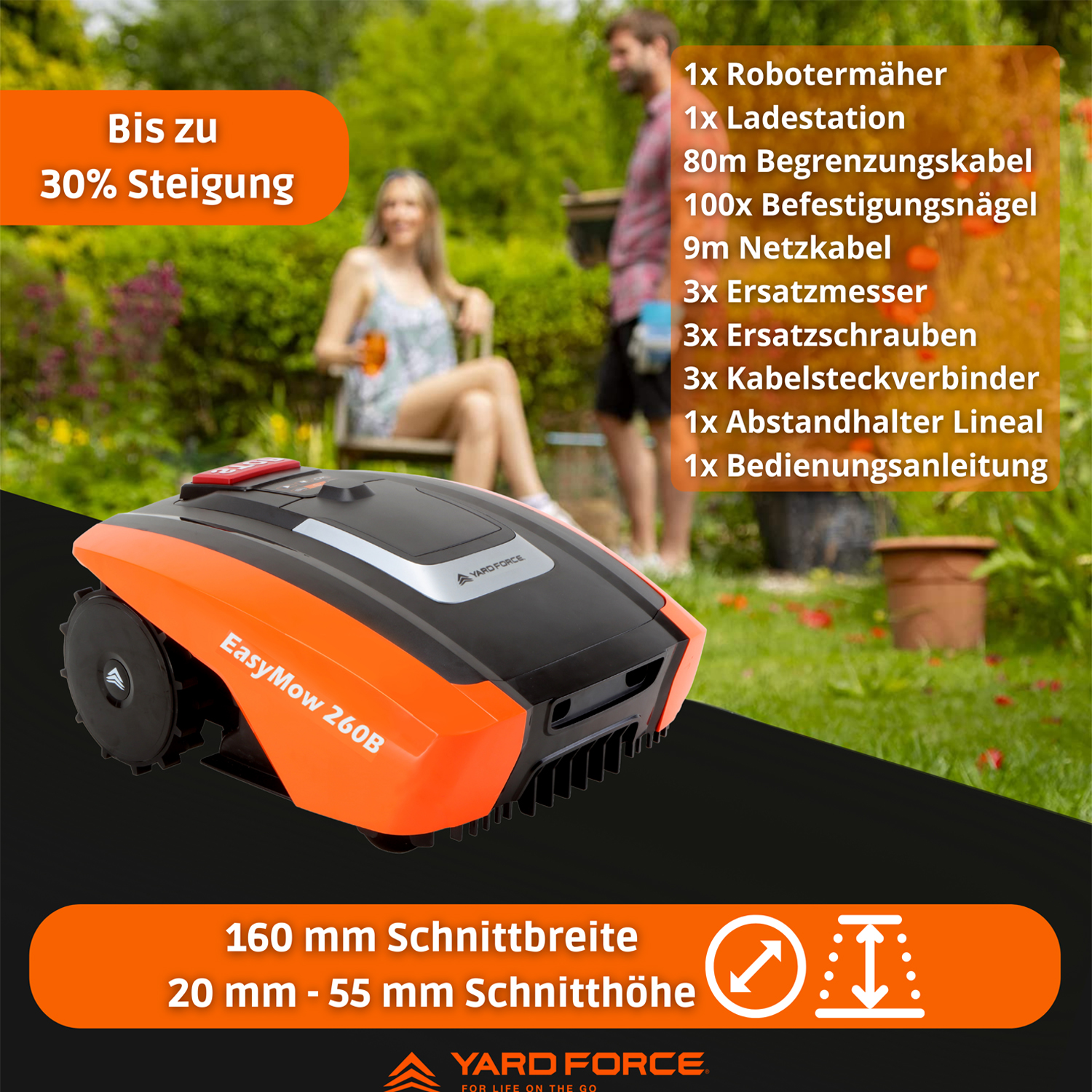 Ein orange-schwarzer Rasenmähroboter steht im Garten. Text über Steigung und Schnittbreite.