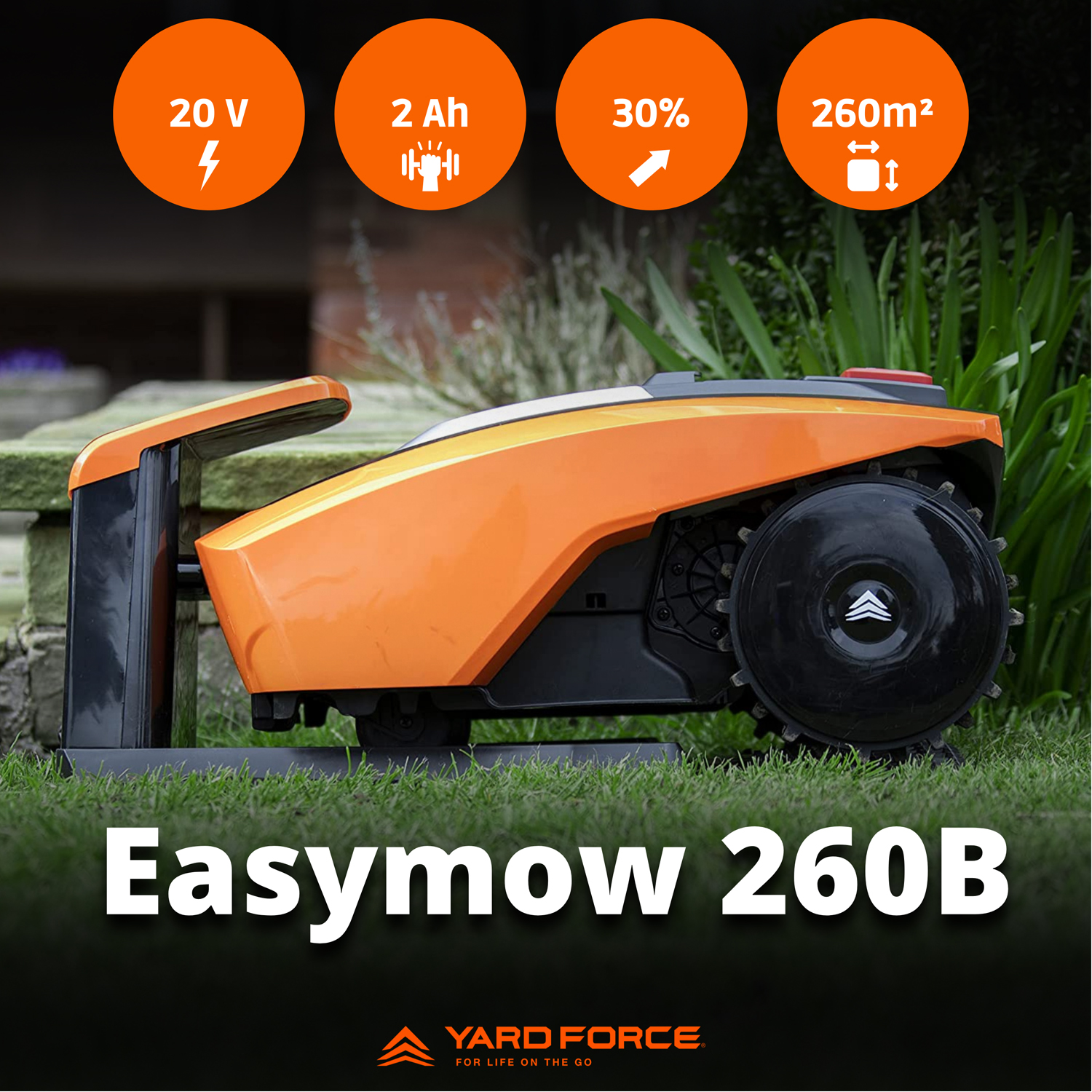 Orange Easymow 260B Mähroboter auf Gras. Specs: 20V, 2Ah, 30%, 260m².