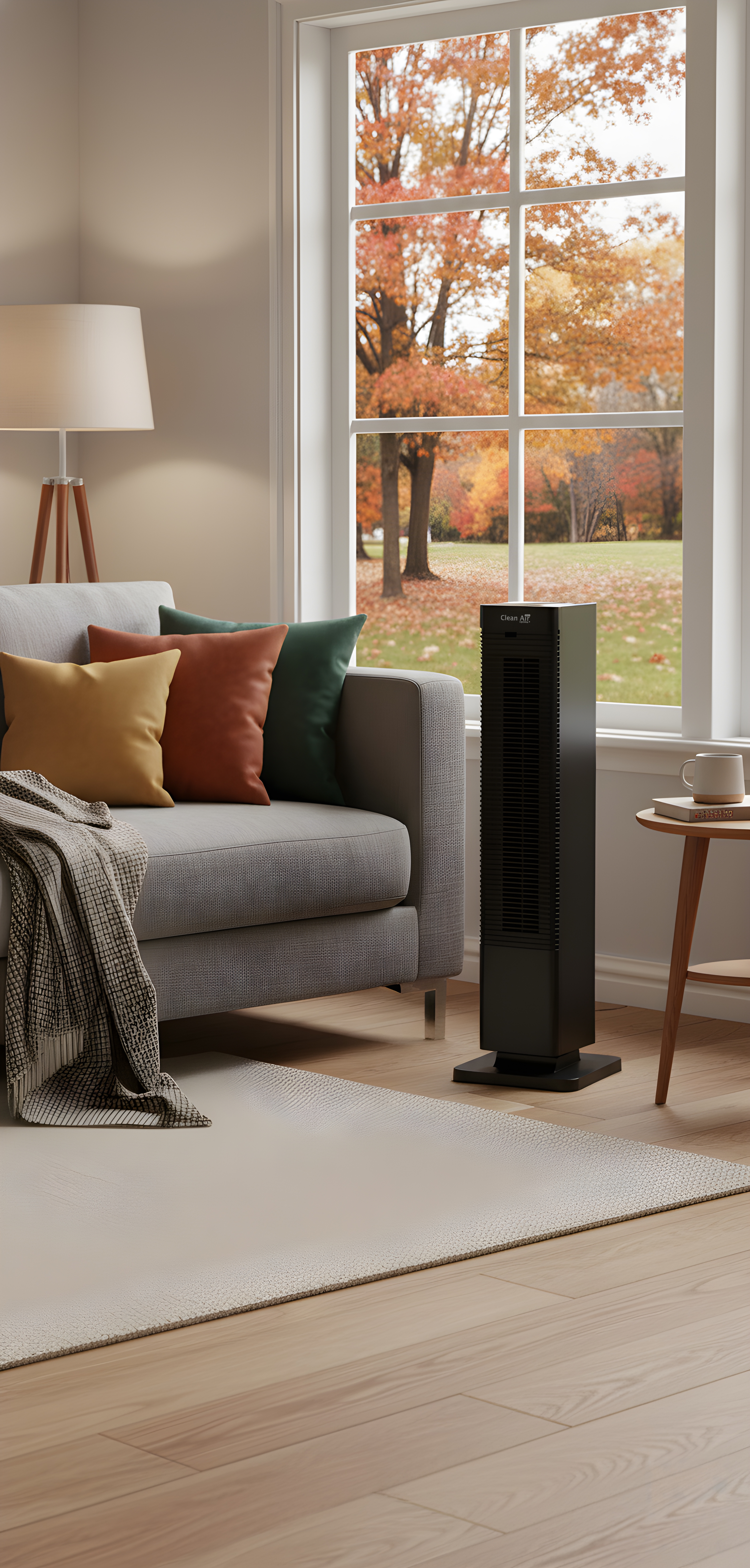 Een zwarte torenventilator staat naast een bank met kussens en een deken.