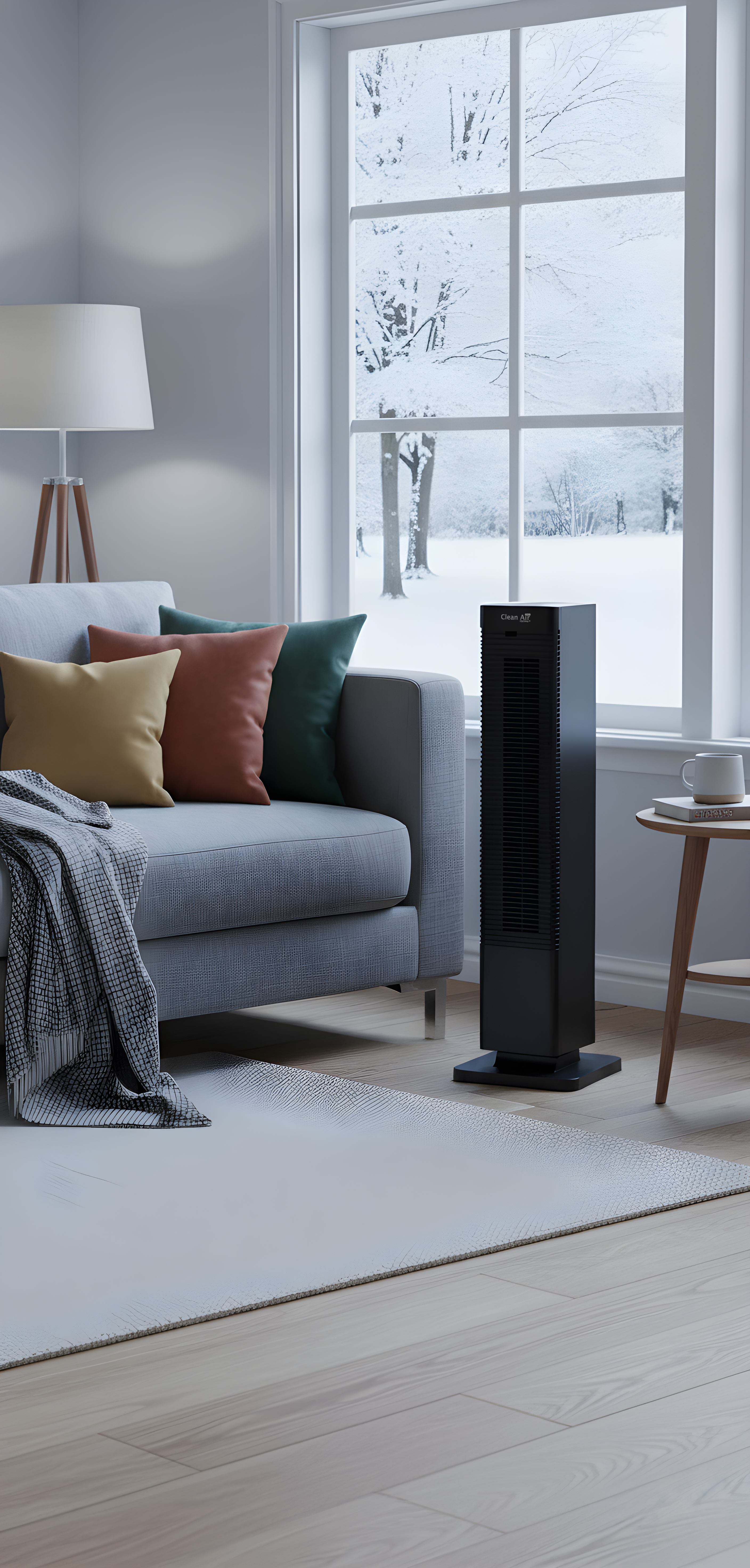 Un ventilateur tour noir à côté d'un canapé avec coussins et couverture.
