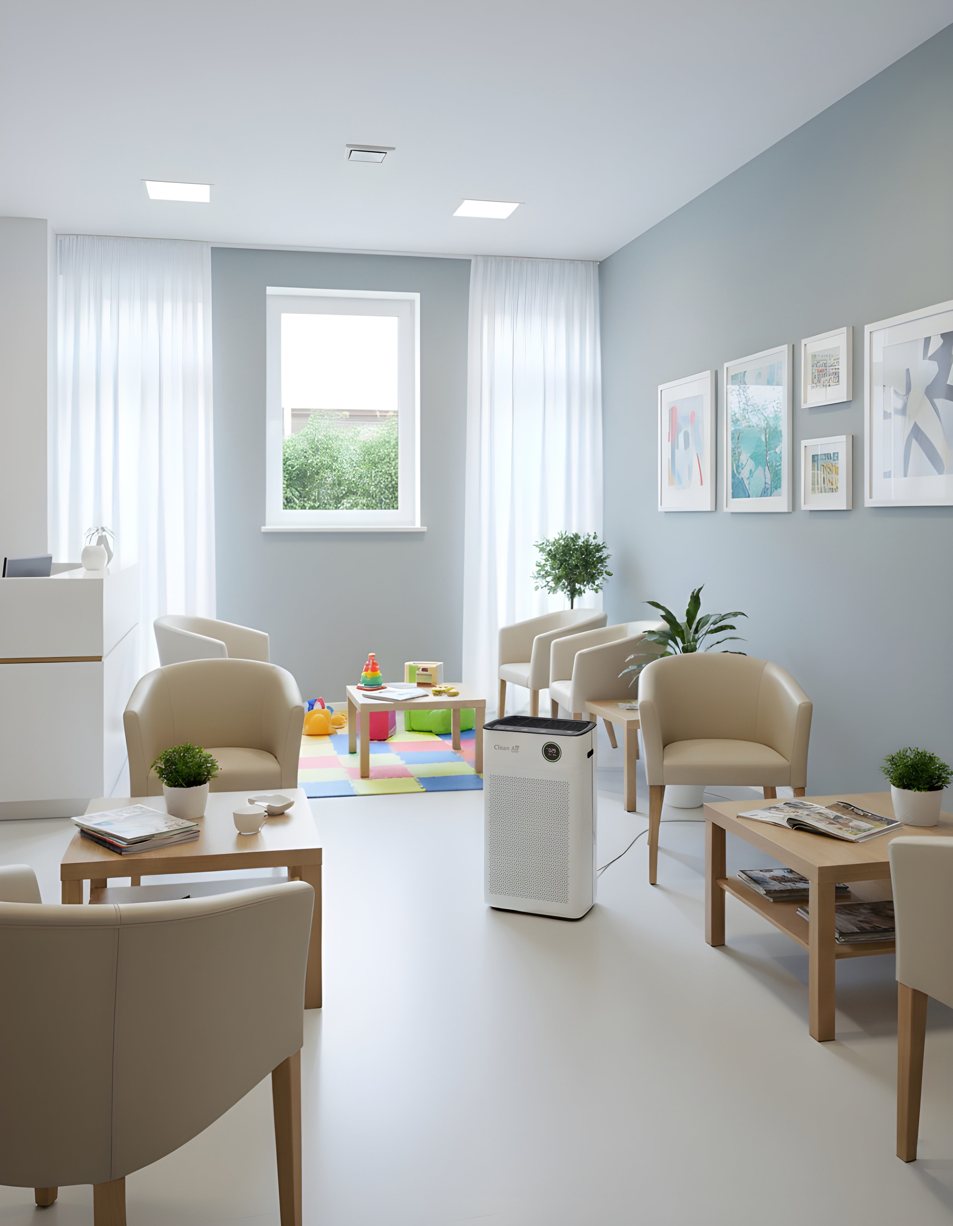 Een wachtkamer met beige fauteuils, houten tafels en een luchtreiniger.