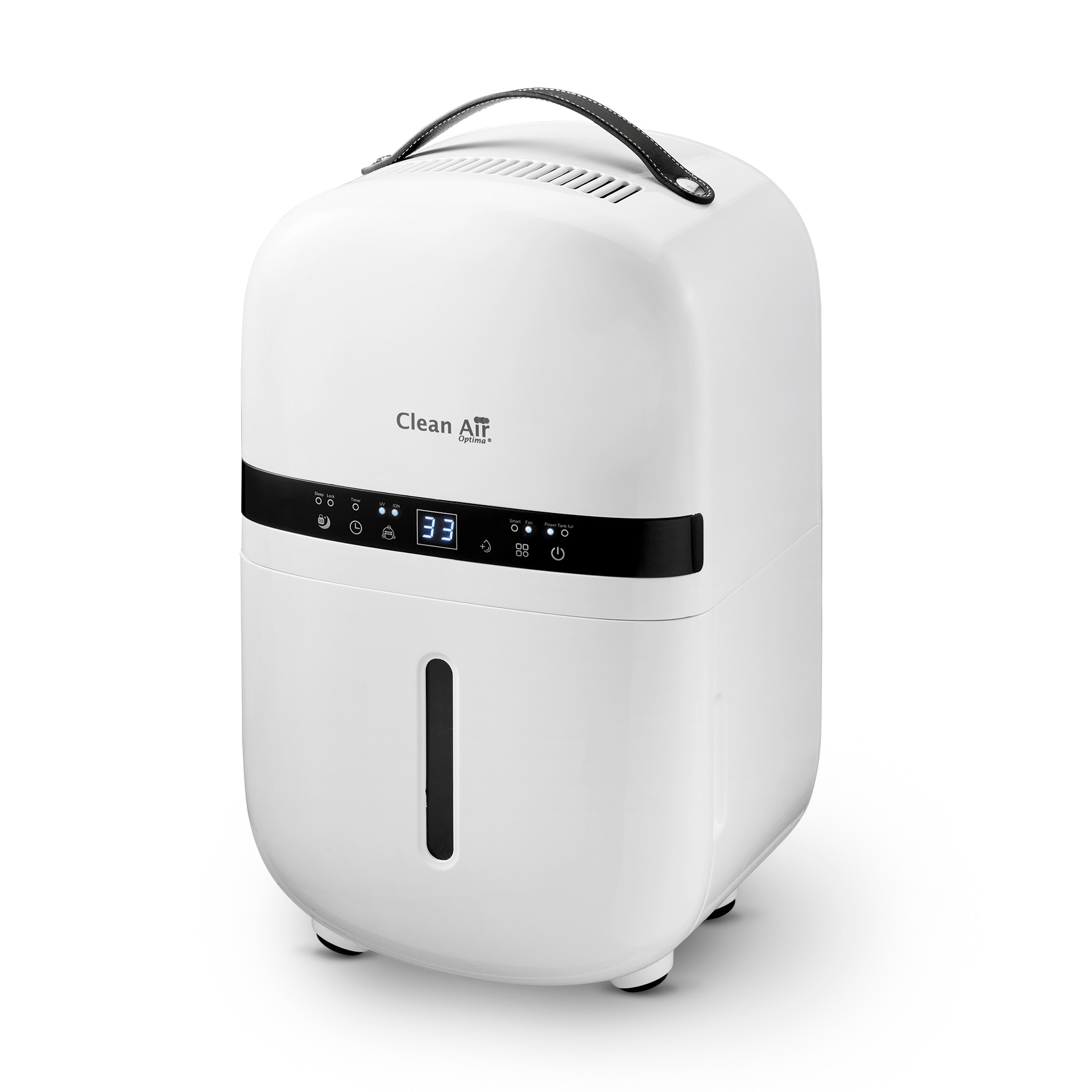 Un purificateur d'air blanc avec poignée et écran numériques.