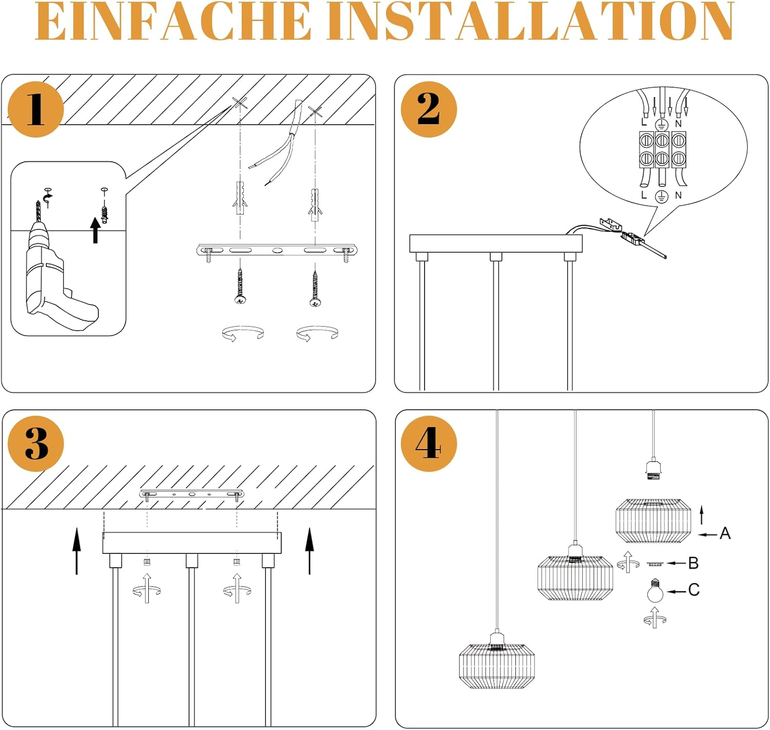 Anleitung für einfache Installation: Bohren, Verdrahten, Befestigen, Lampenschirm anbringen.