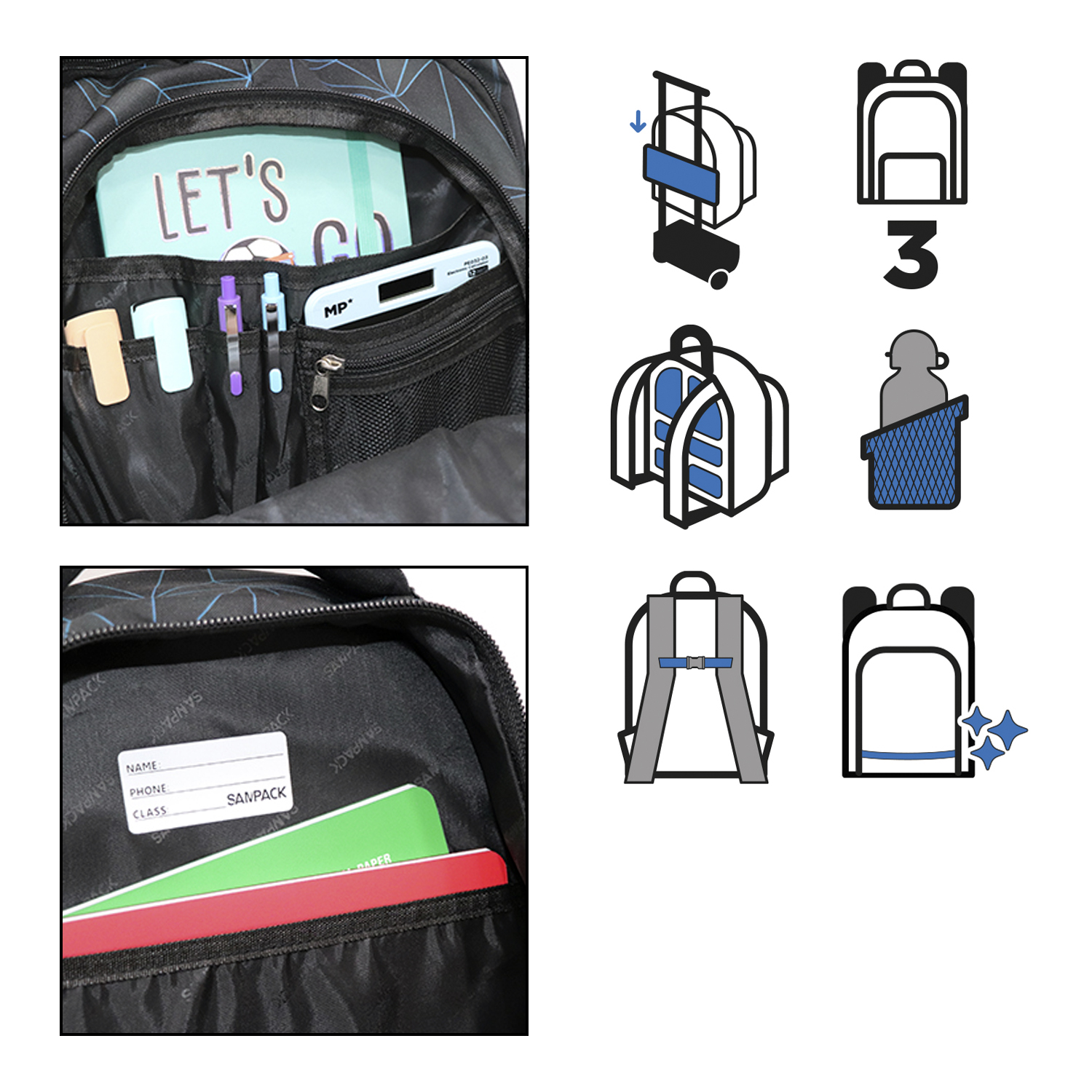 Vista interior de mochila con cuaderno, bolígrafos y bolsillo con cremallera.