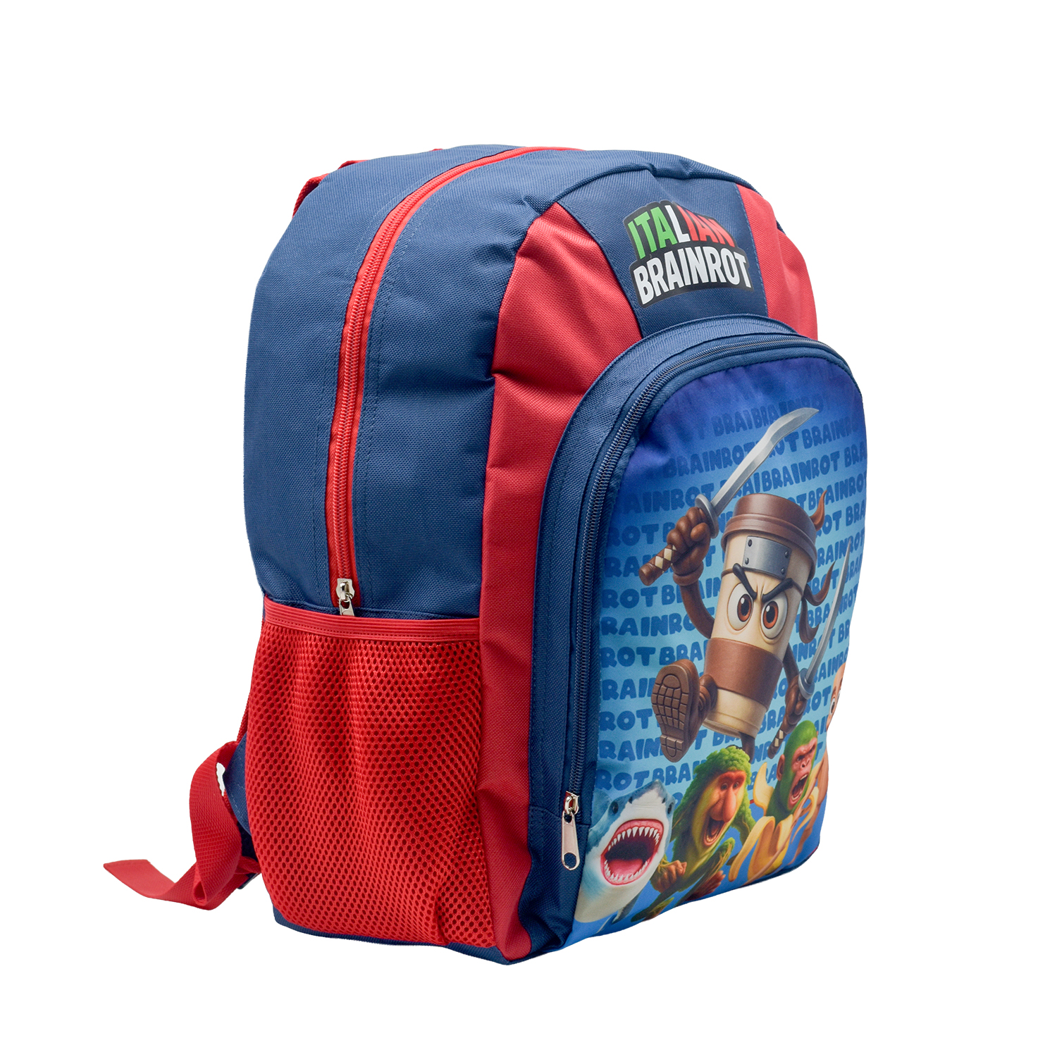Una mochila azul y roja con estampado de dibujos animados de una taza de café, monos y un tiburón.