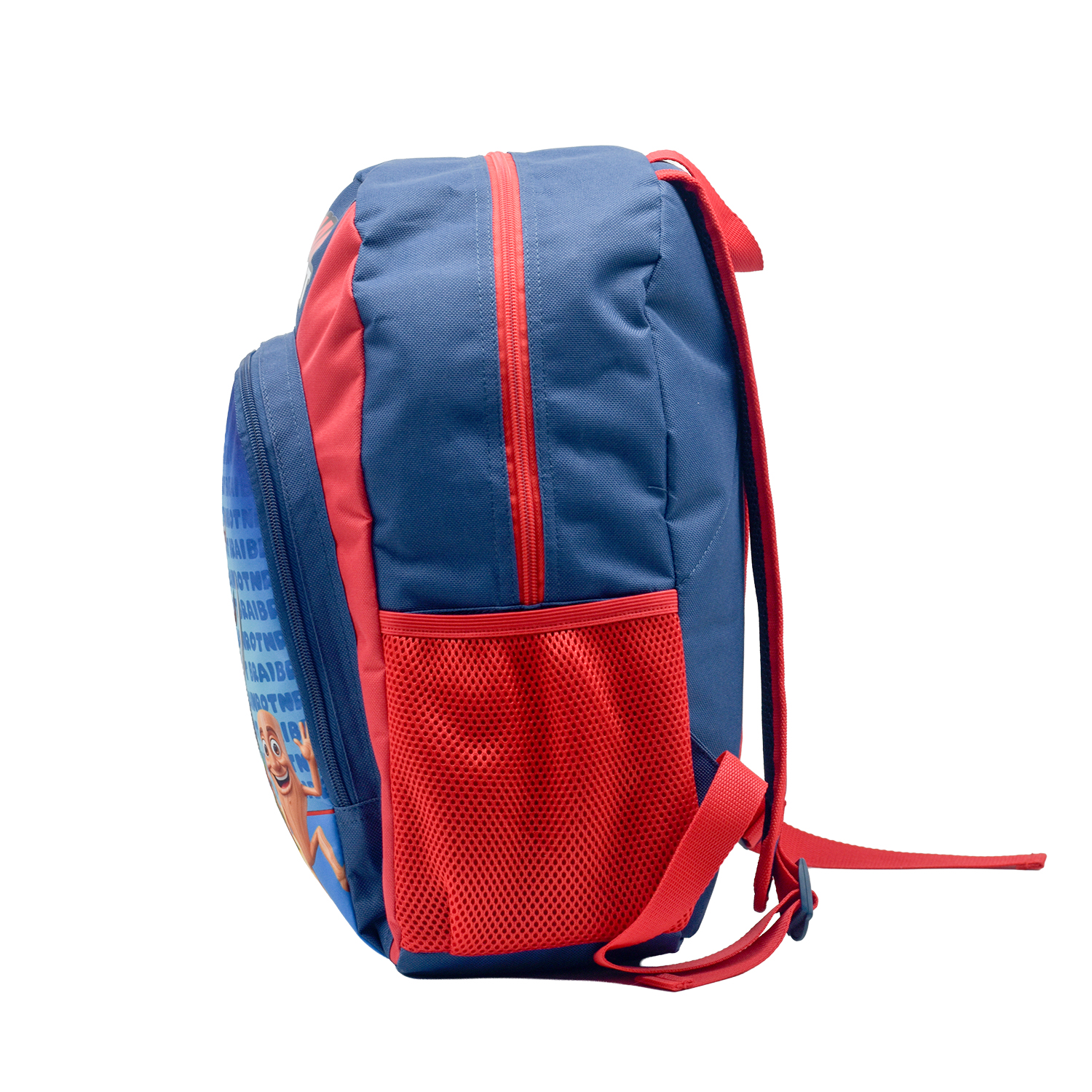 Una mochila azul con detalles rojos y un diseño de personaje.