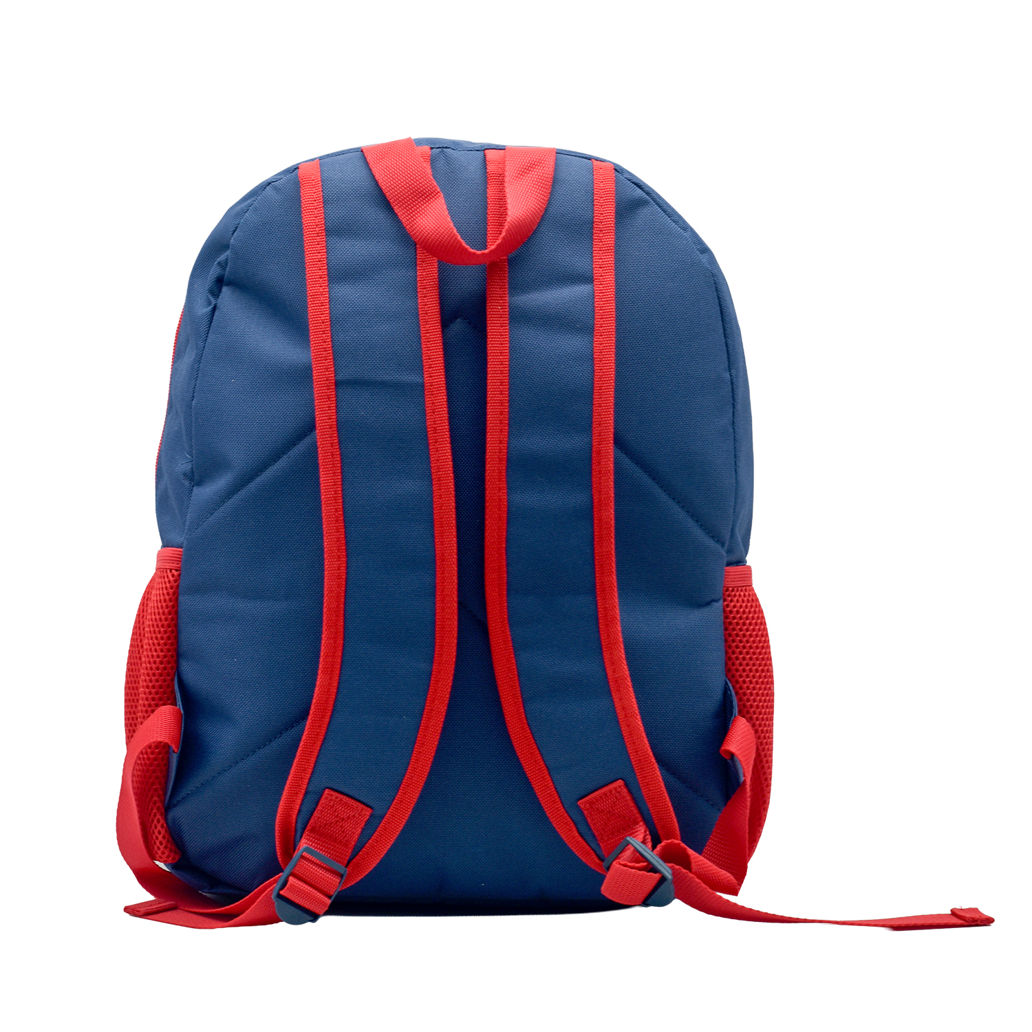 Mochila azul marino con correas y ribetes rojos. Bolsillos laterales de malla.