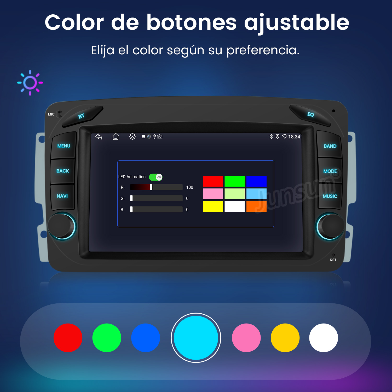 Una pantalla de autorradio que muestra iluminación de botones ajustable con opciones de color.