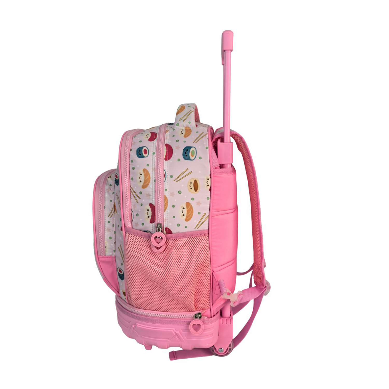 Una mochila rodante rosa con estampado de sushi y asa extensible.