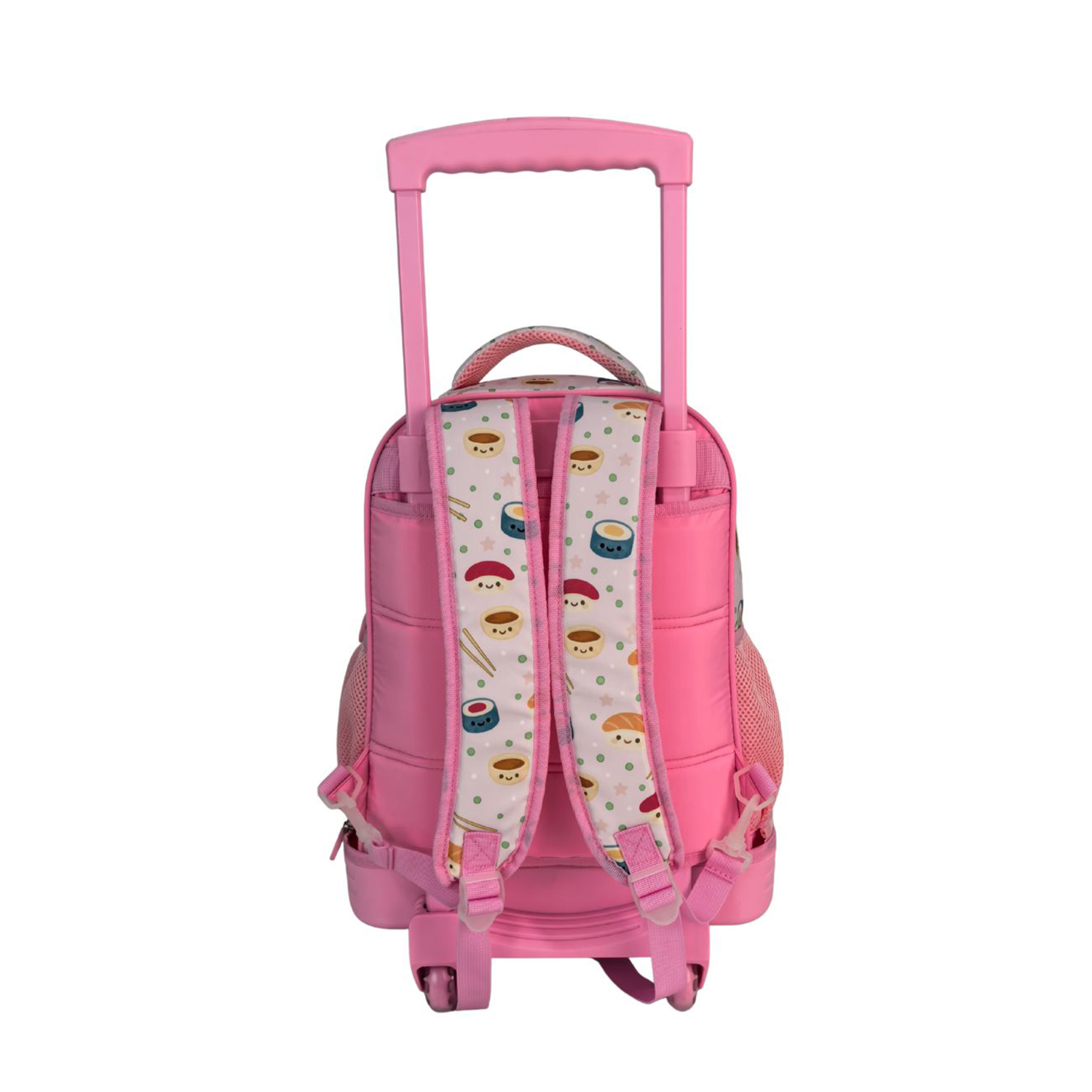 Una mochila con ruedas rosa con estampado de sushi en las correas. Un asa retráctil arriba.