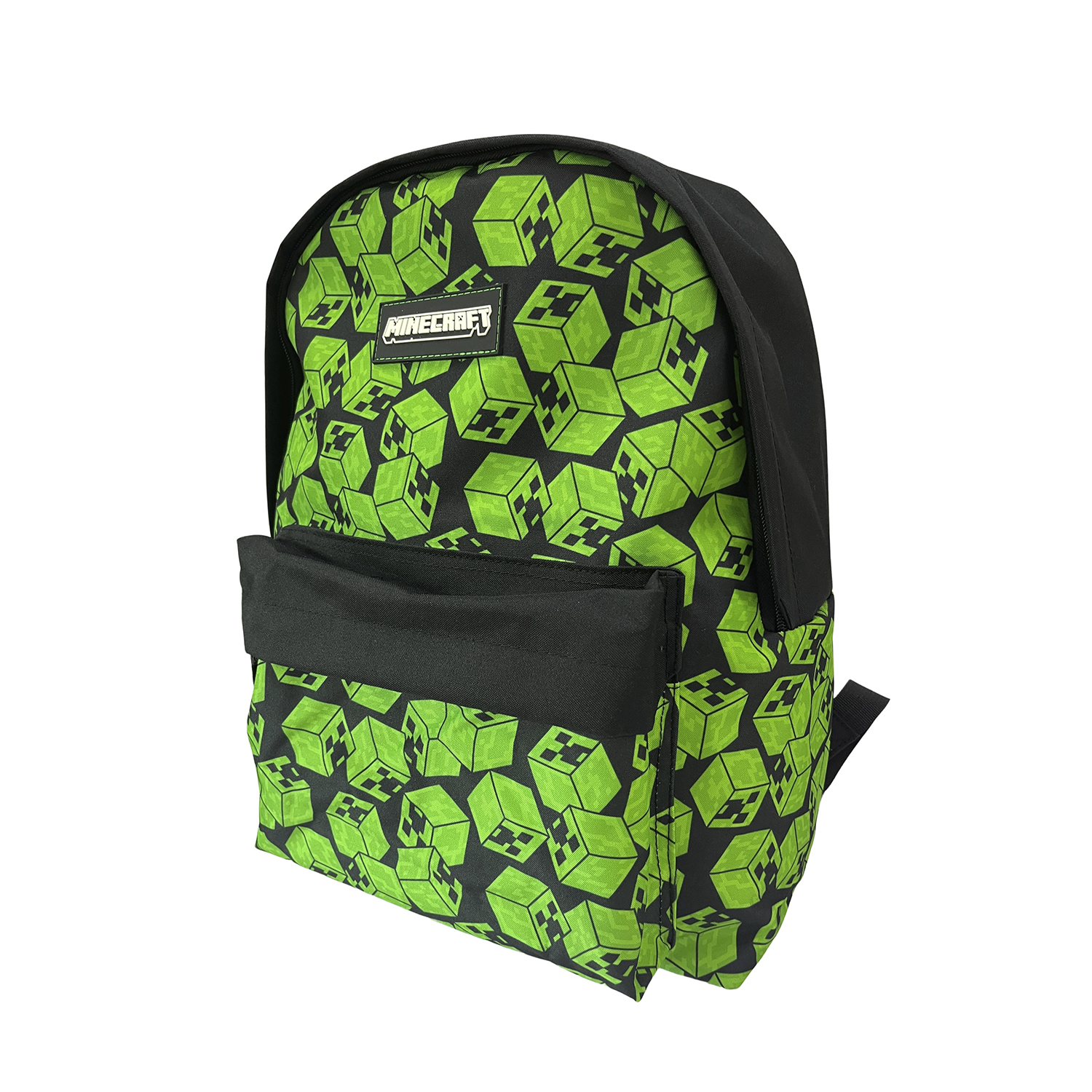 Una mochila con temática de Minecraft con cubos verdes sobre fondo negro.