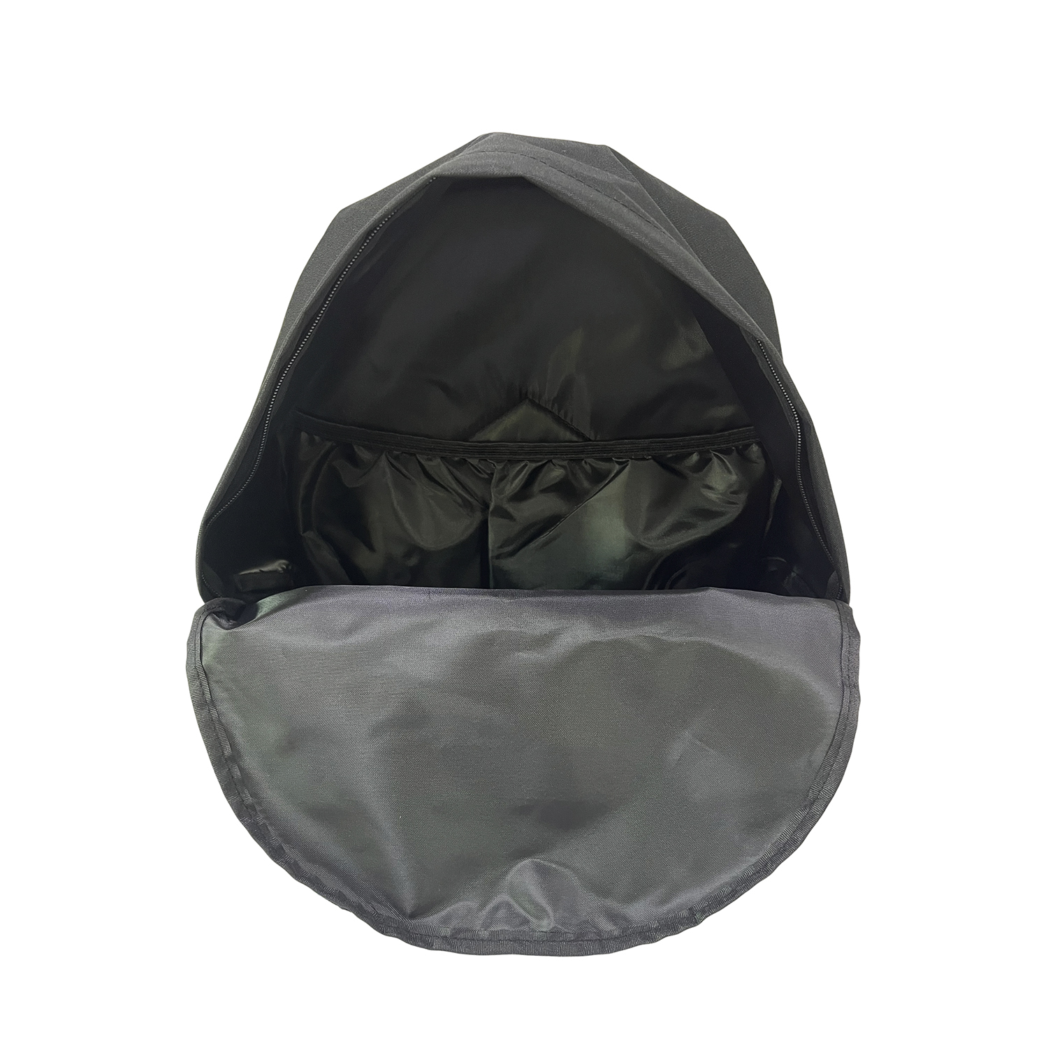 Una mochila negra abierta con forro interior y compartimentos visibles.