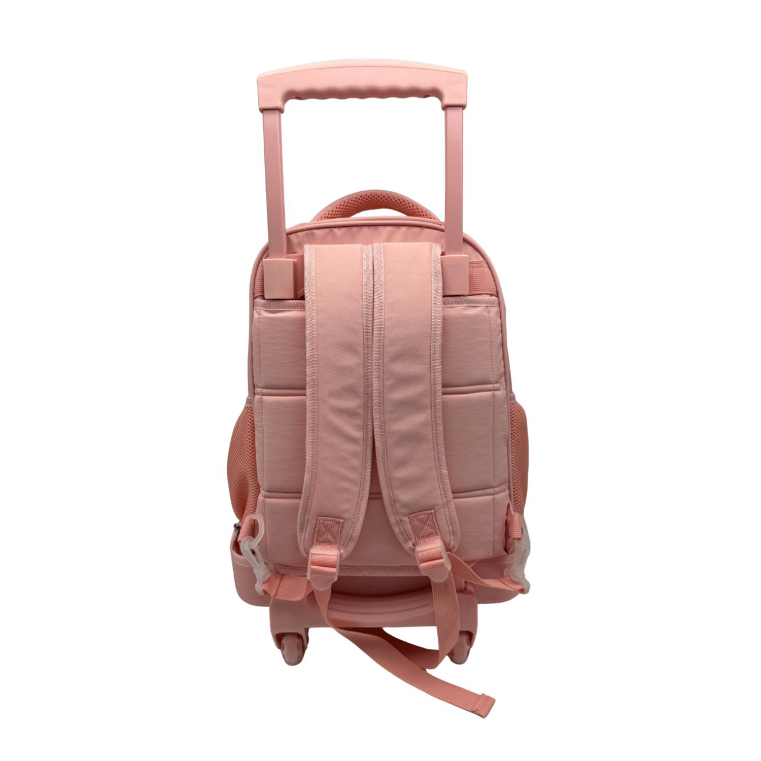Una mochila con ruedas rosa con asa extensible y ruedas.