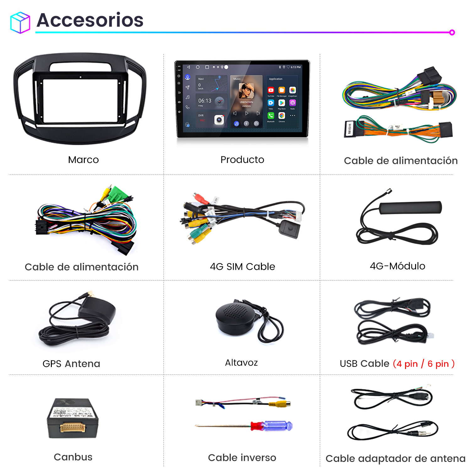 Un marco negro para radio de coche, radio táctil, cables de alimentación, cable SIM, antena GPS, altavoz, Canbus, cable USB y adaptadores.