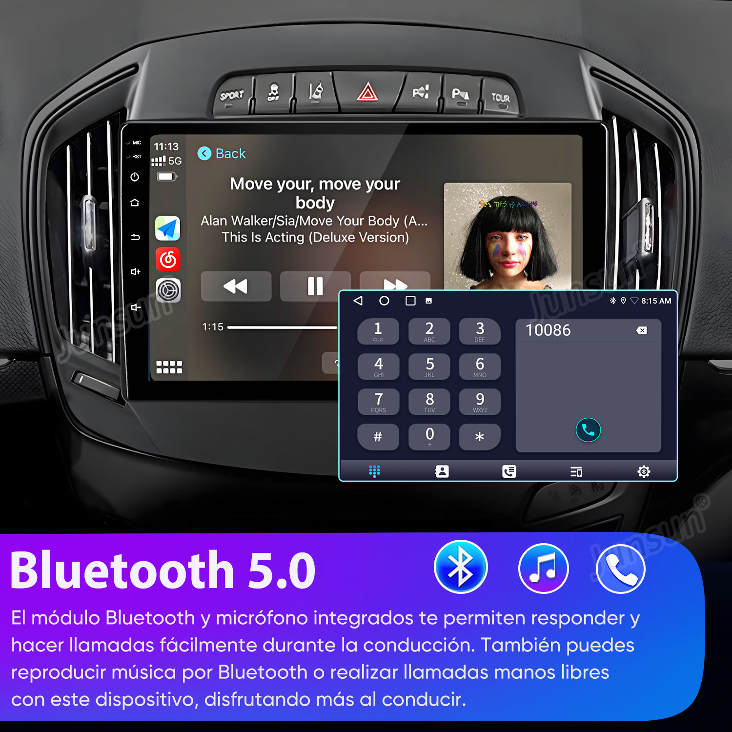 Interfaz de pantalla de coche con música, teclado y iconos de Bluetooth.