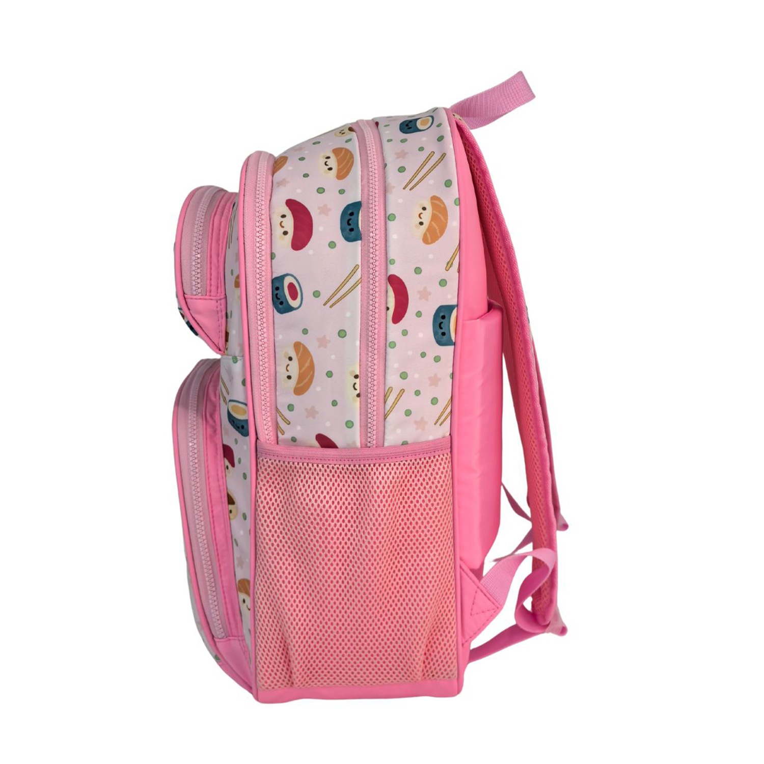 Una mochila rosa con estampado de sushi, palillos y lunares.