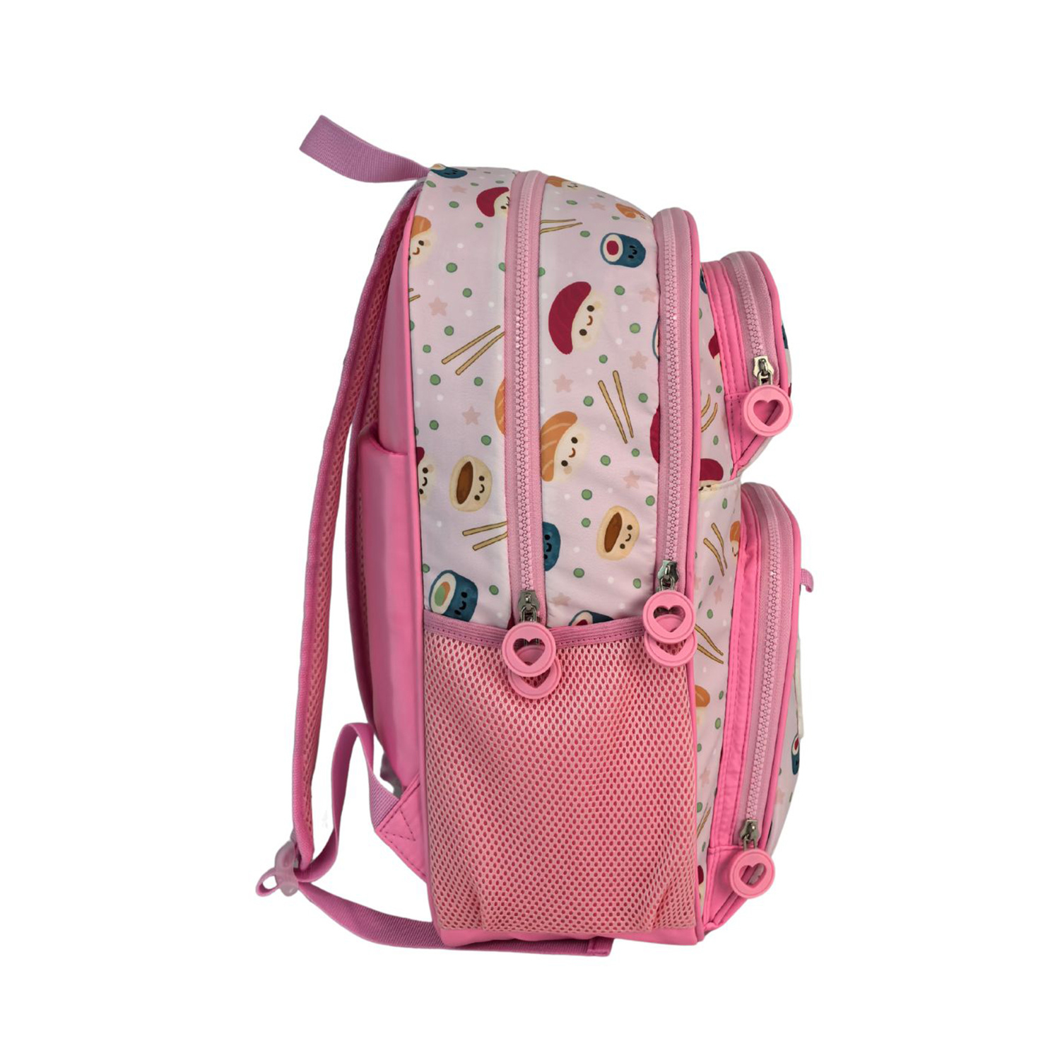 Una mochila rosa con sushi, palillos y lunares.