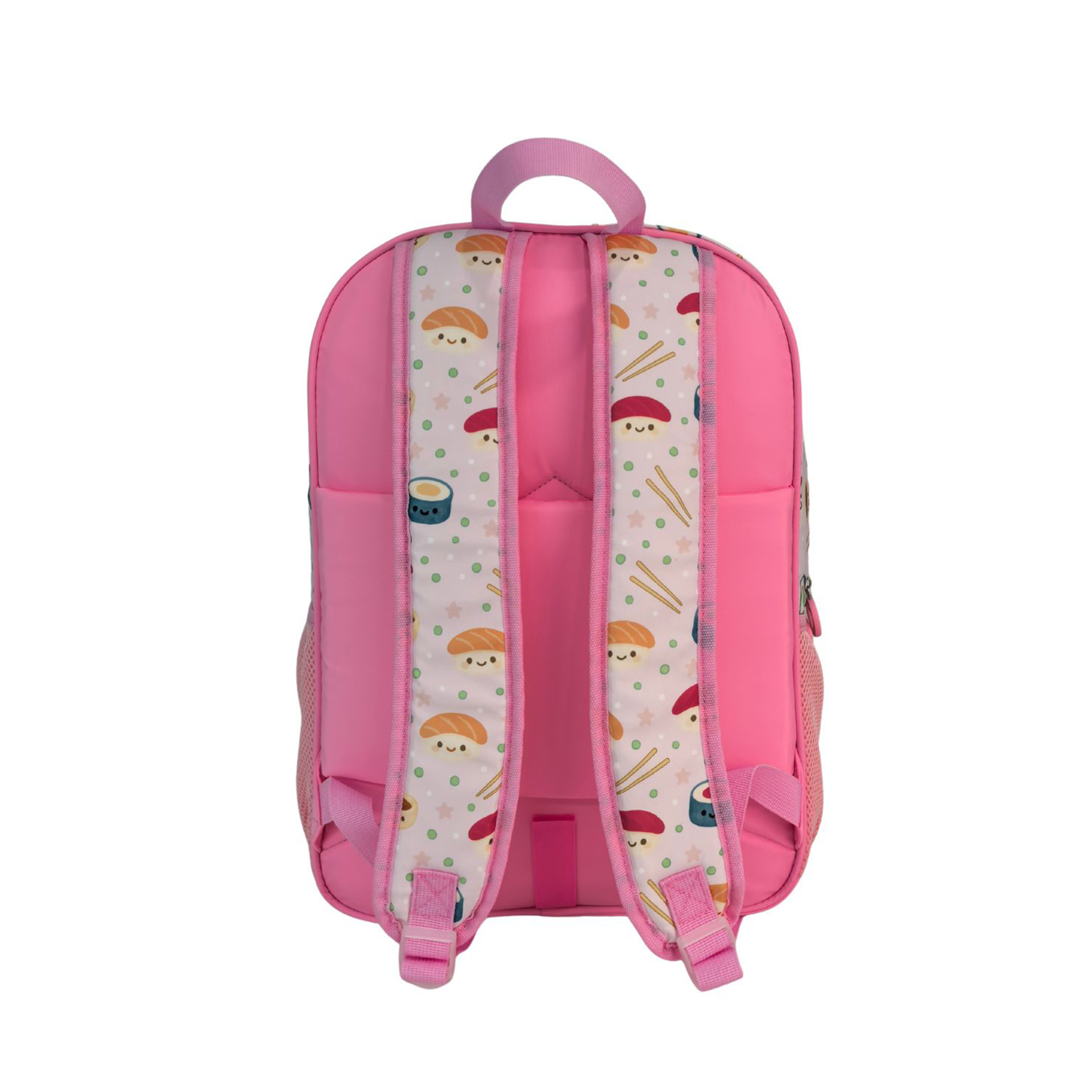 Una mochila rosa con correas decoradas con sushi kawaii y palillos.