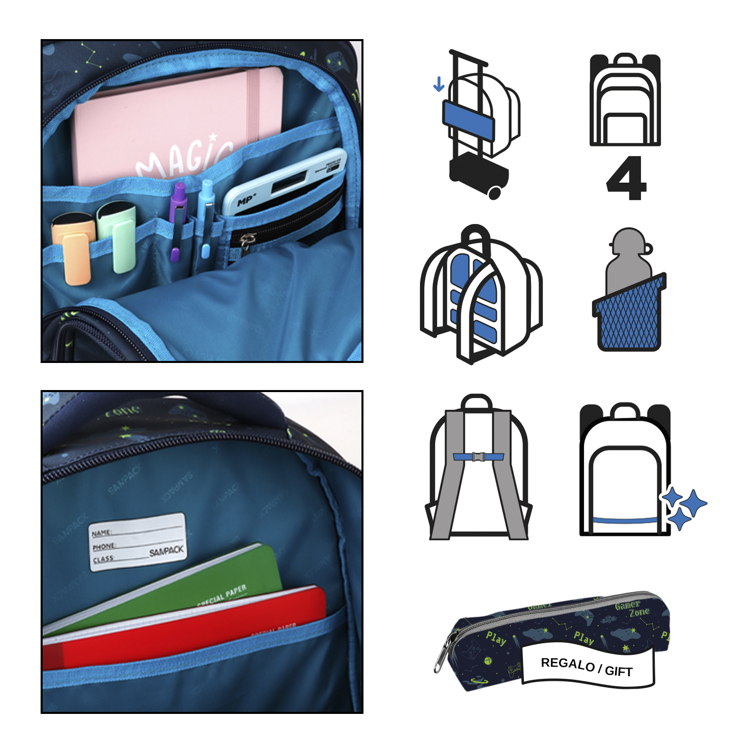 Interior de mochila con libreta, bolígrafos, calculadora. Iconos muestran características.