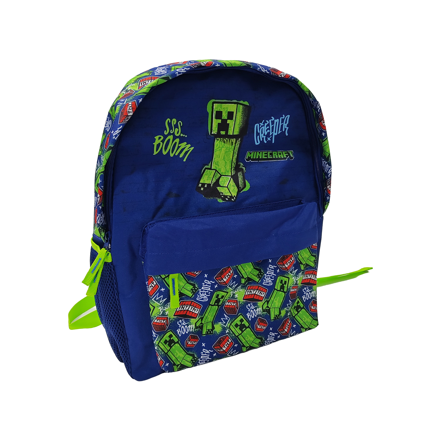 Mochila azul de Minecraft con gráfico de Creeper, bloques TNT y texto "BOOM".