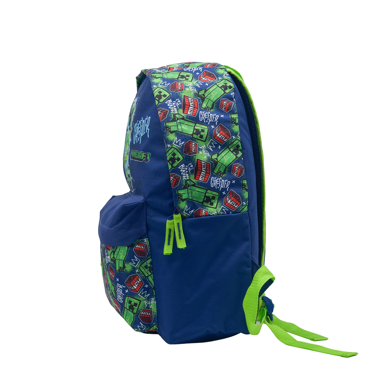 Una mochila azul con estampado de Creeper y TNT de Minecraft, con tiradores de cremallera verdes.