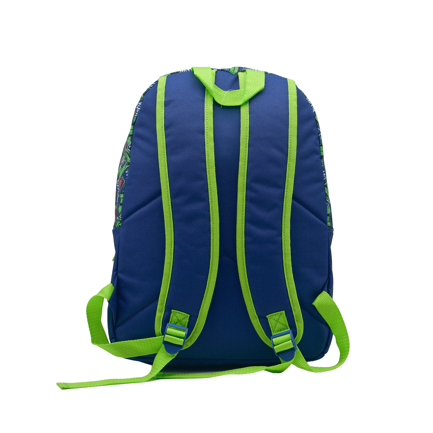 Vista trasera de una mochila azul con correas y detalles verdes.