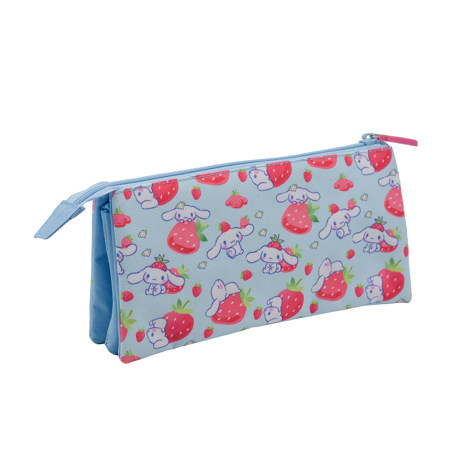 Un estuche azul con un patrón repetido de fresas y conejitos blancos lindos.