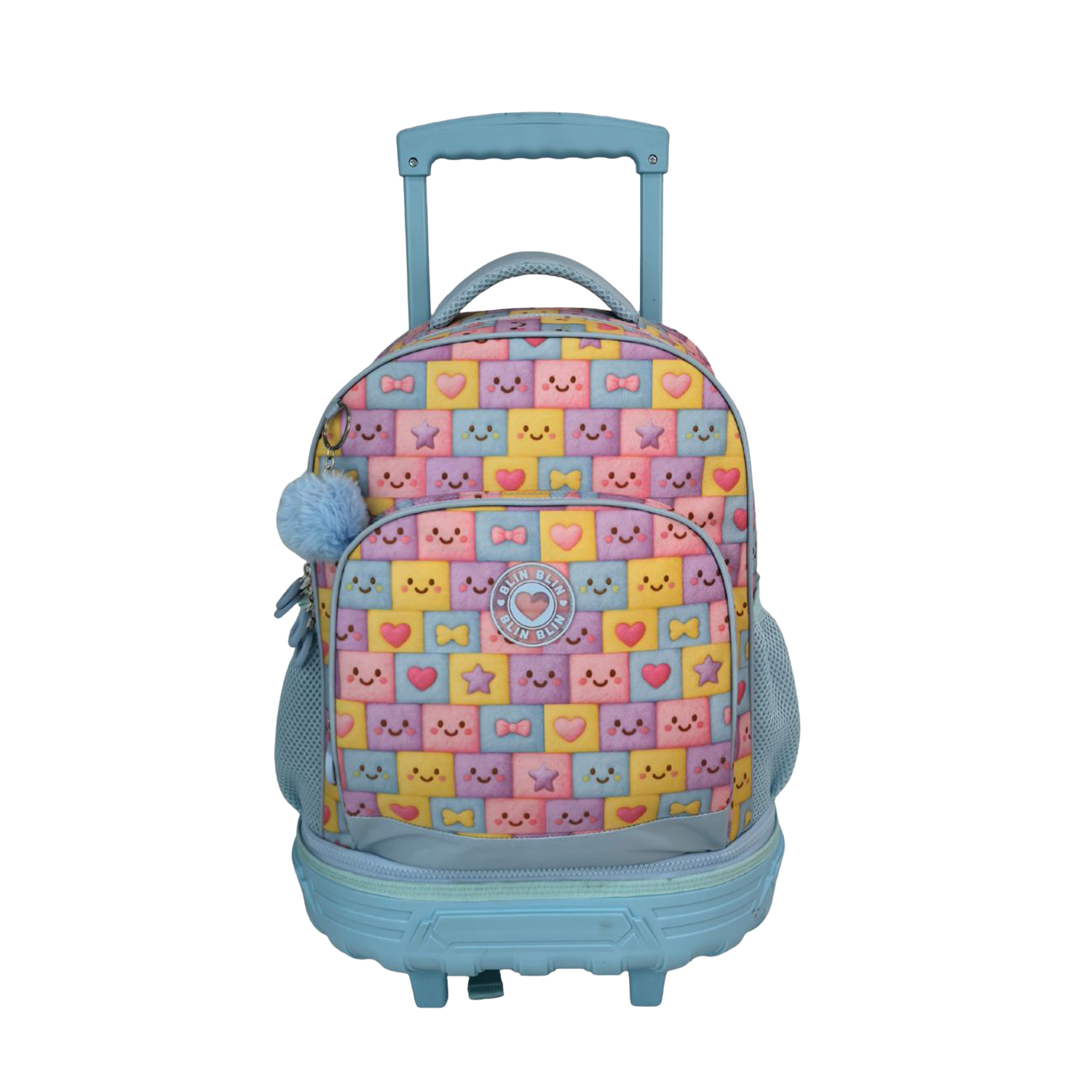 Una mochila con ruedas azul con un lindo patrón de sonrisas y corazones.