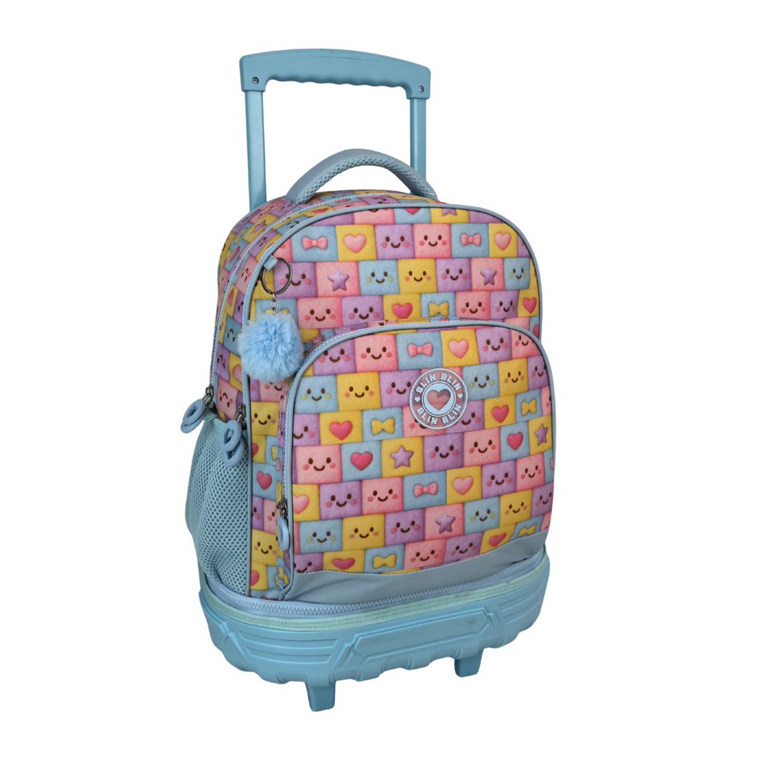 Una mochila con ruedas azul claro con un colorido estampado pastel de caras sonrientes, corazones y lazos.