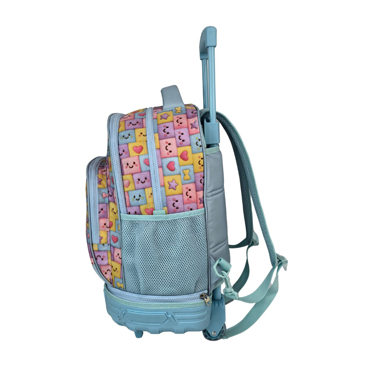 Una mochila con ruedas azul con caras sonrientes y corazones lindos sobre fondo colorido.