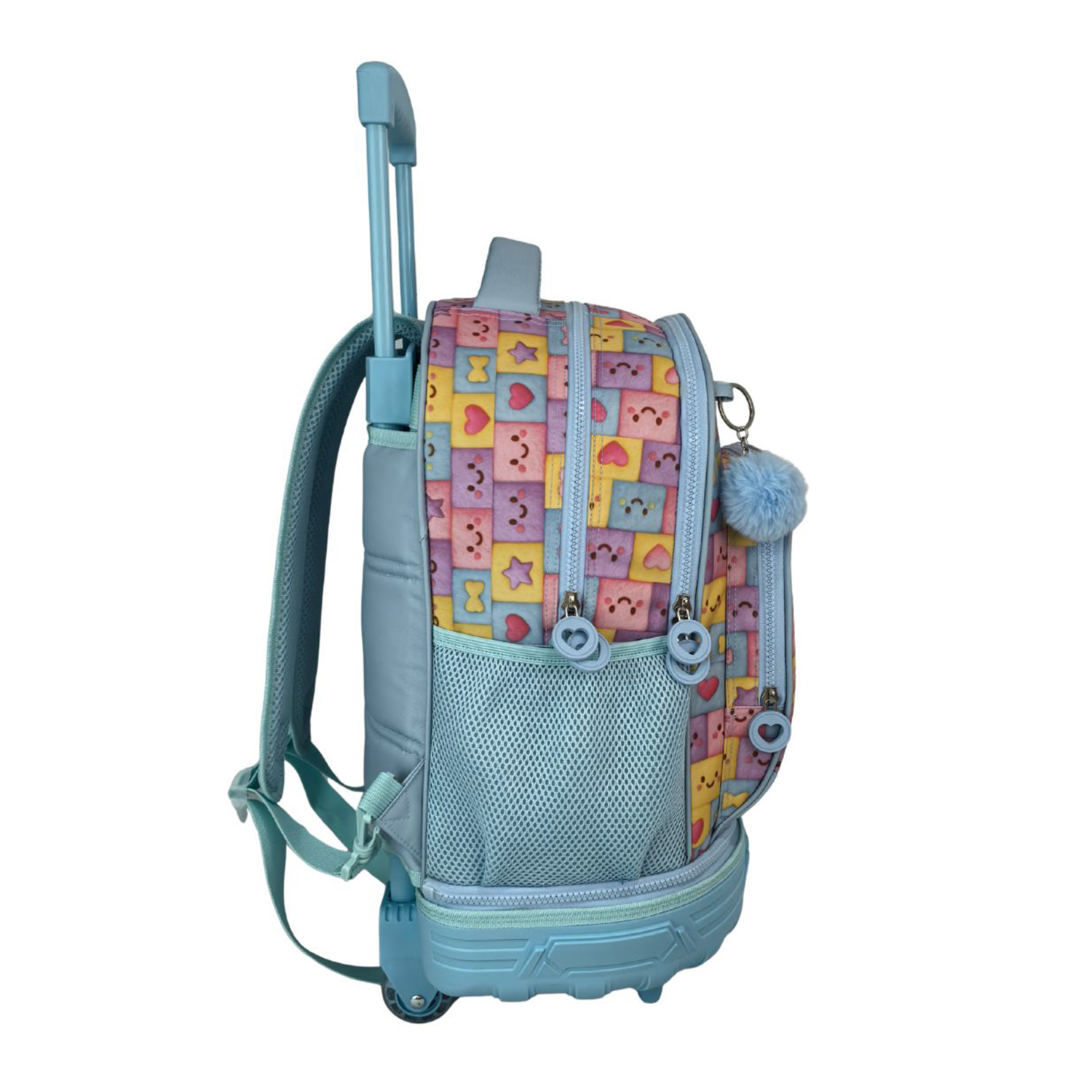 Una mochila con ruedas azul con caras kawaii, corazones y estrellas.