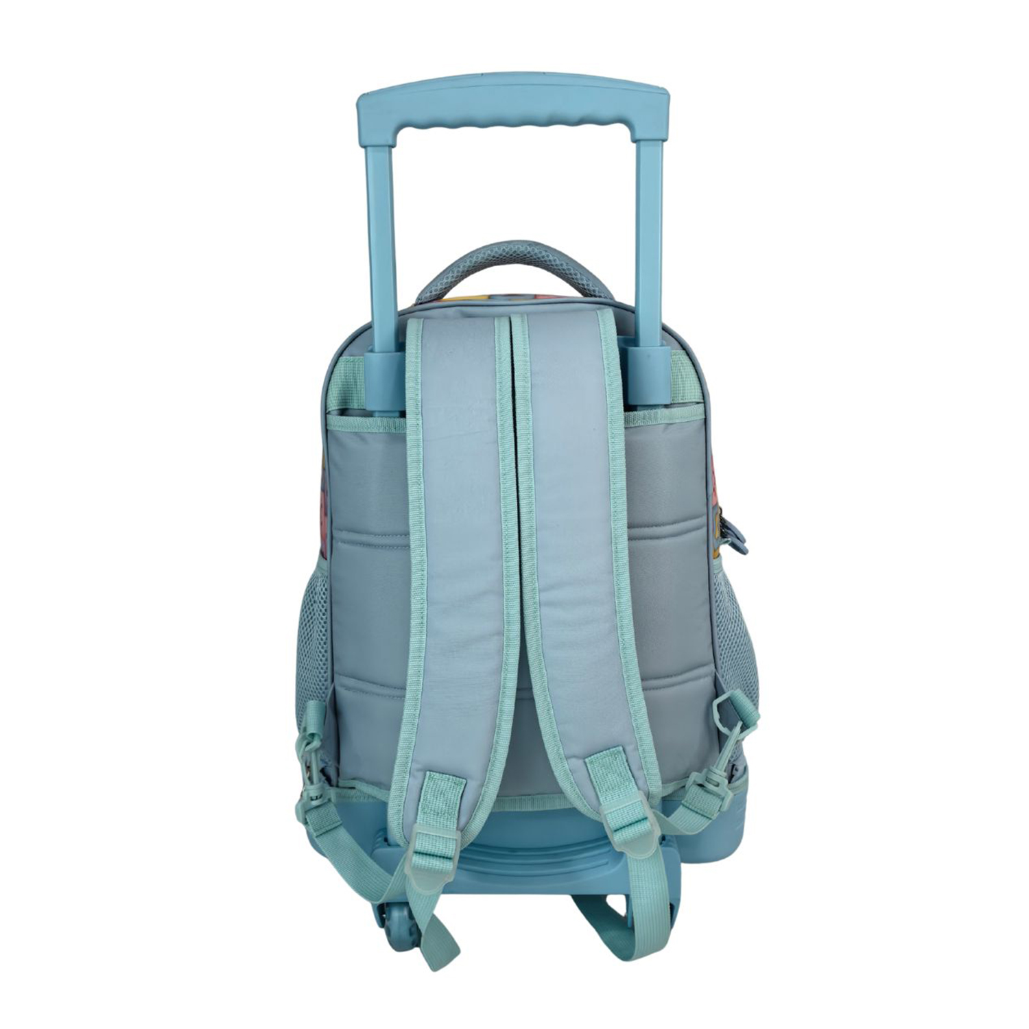 Una mochila azul con ruedas, asa extensible y correas.