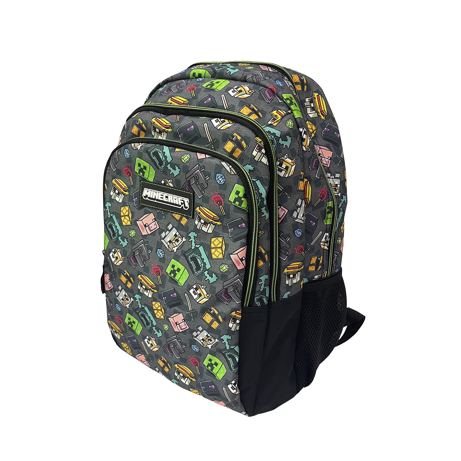Mochila gris con estampado de Minecraft, con personajes y objetos pixelados.