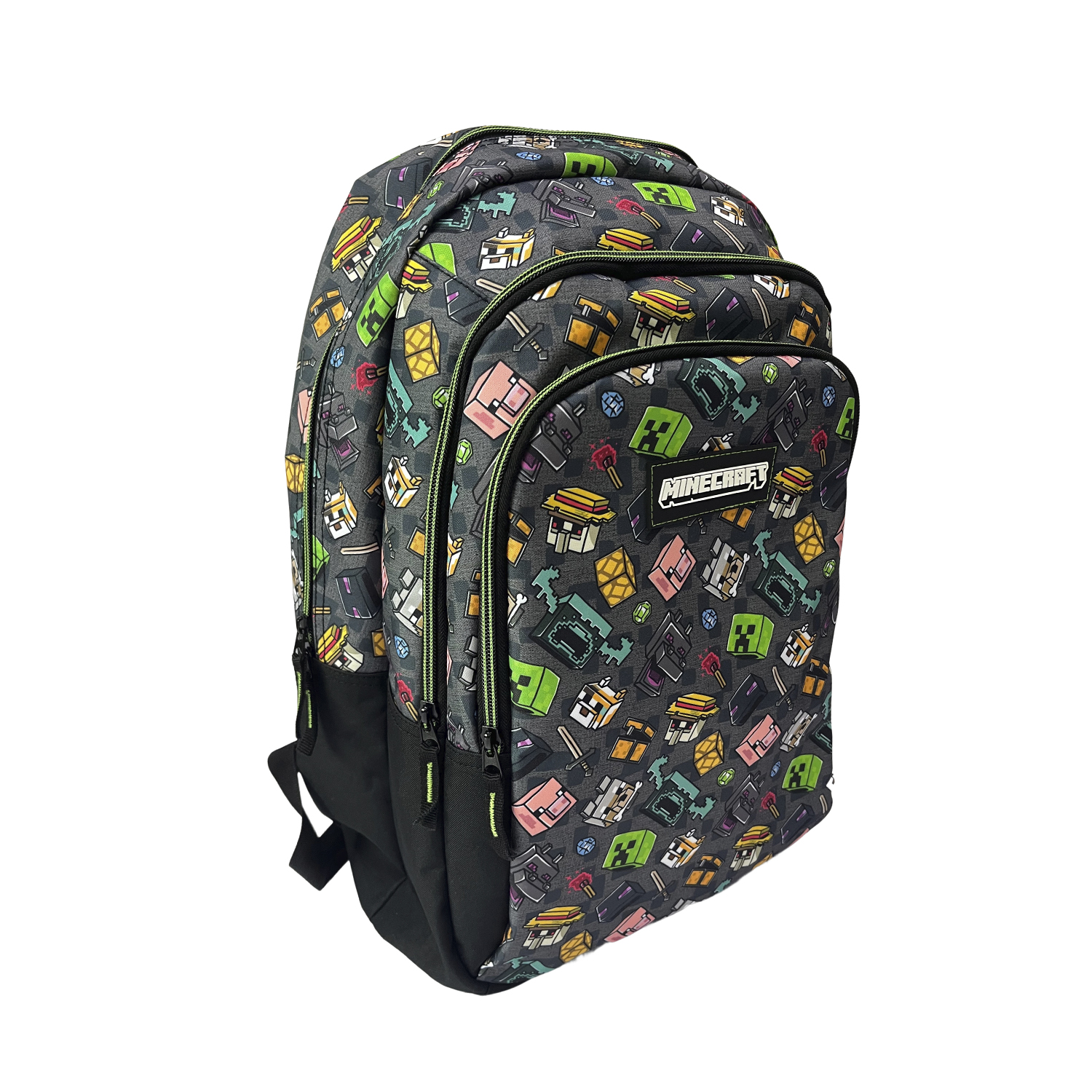 Mochila gris de Minecraft con bloques de píxeles coloridos y logo de Minecraft.