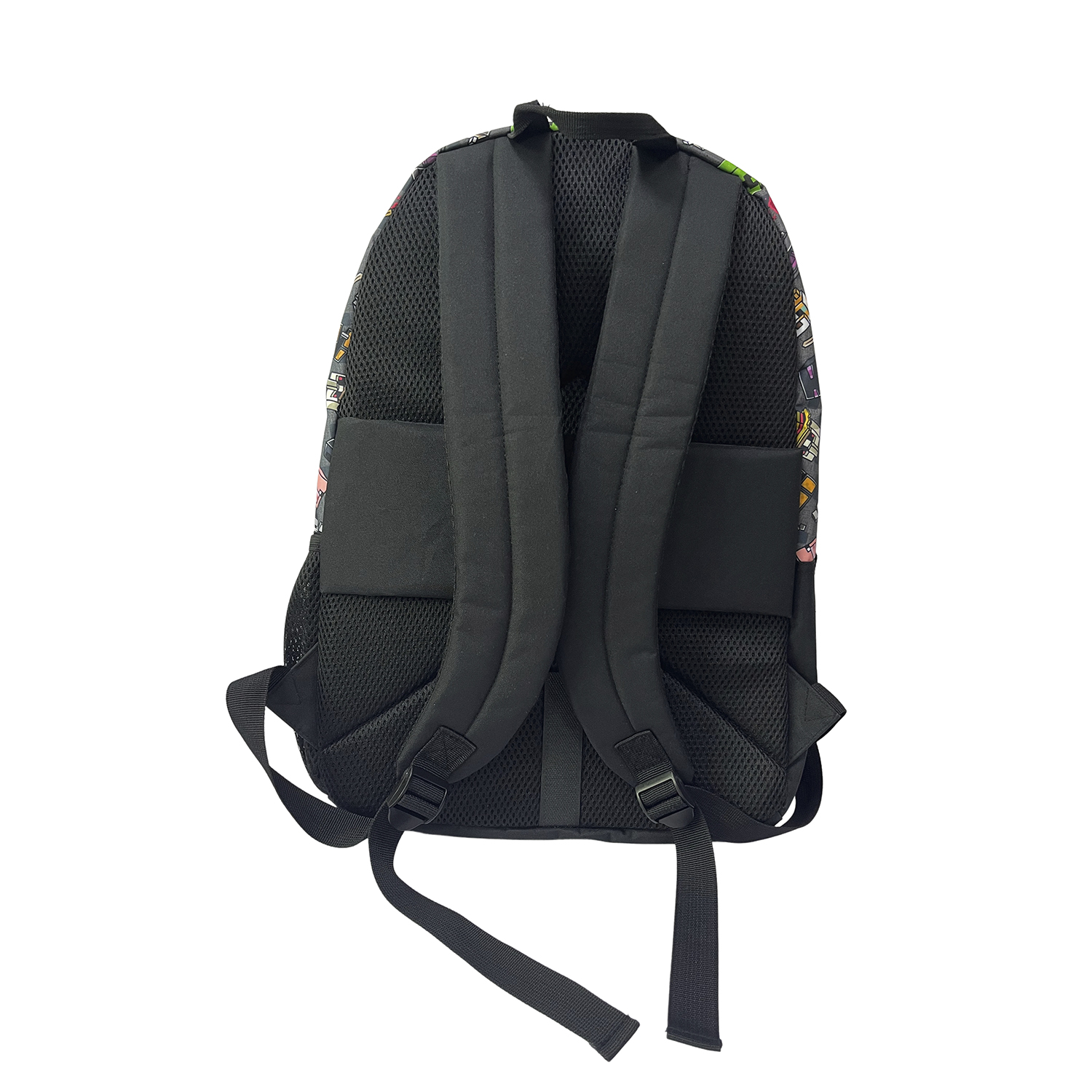 Vista trasera de una mochila negra con estampado colorido y correas acolchadas.