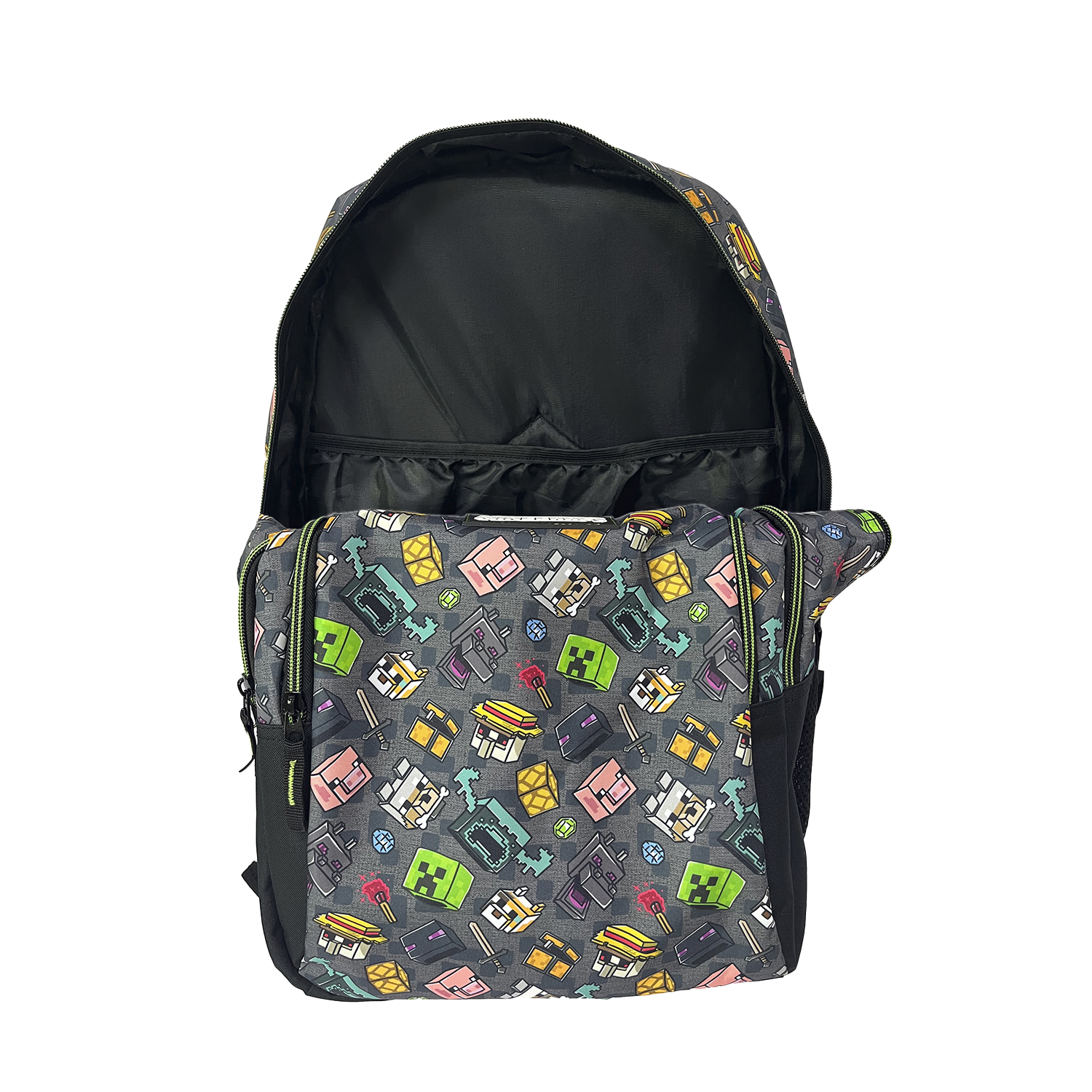 Mochila gris con estampado de Minecraft, abierta con interior negro.