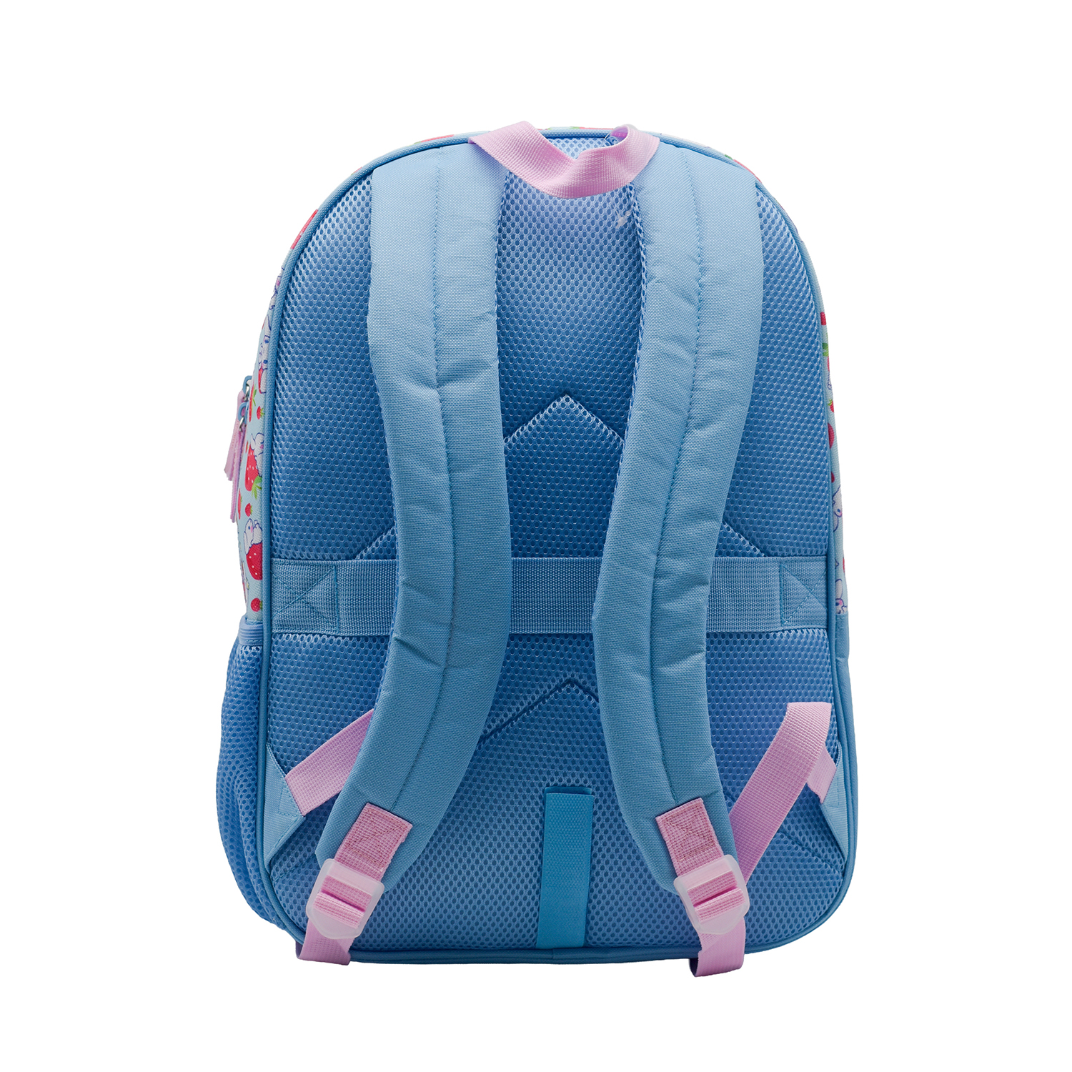 Vista trasera de una mochila azul con correas acolchadas y detalles rosas.