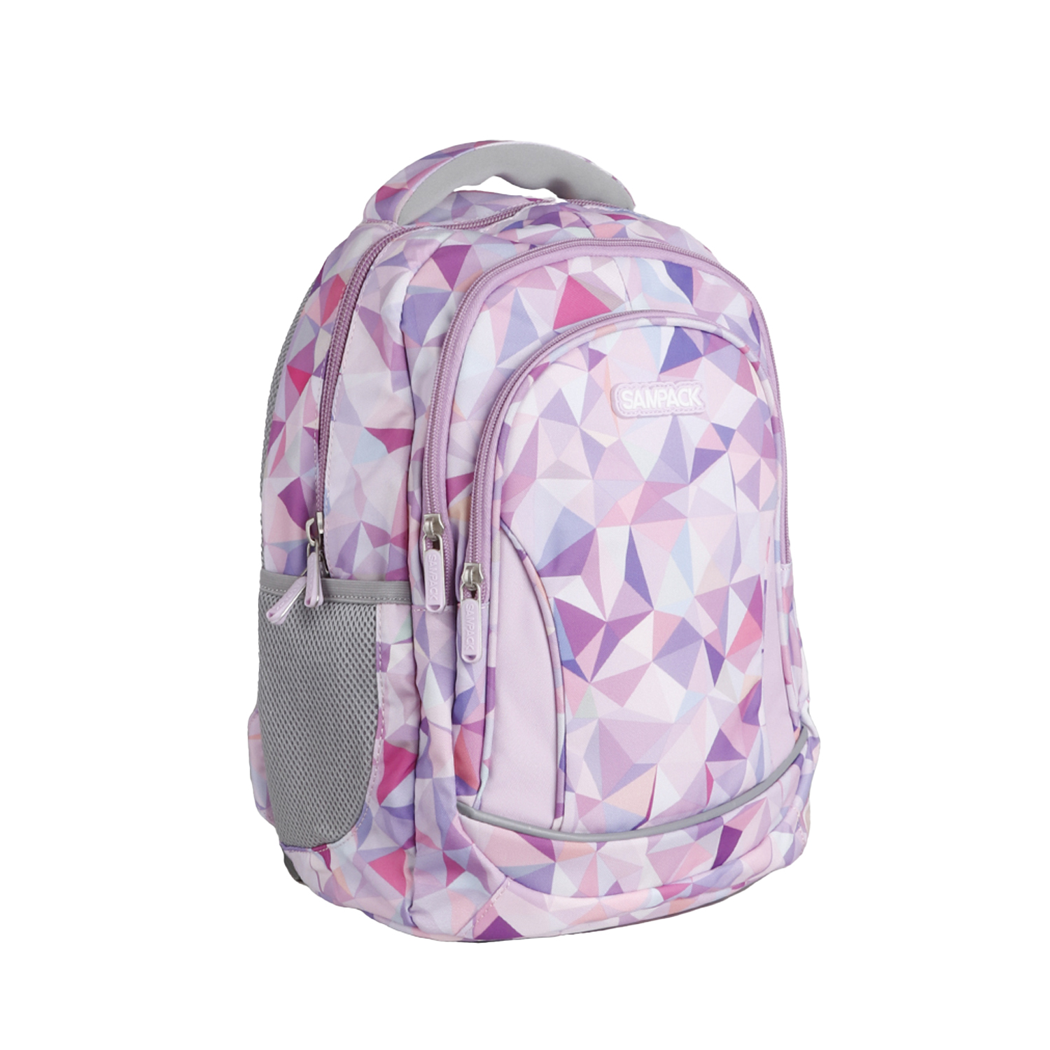 Una mochila con estampado geométrico rosa y morado, con cremalleras y bolsillo lateral.
