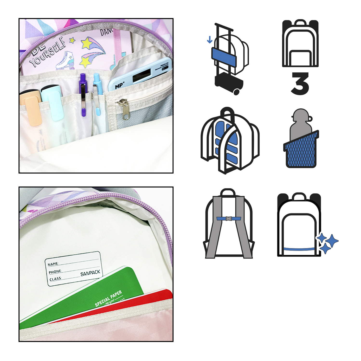 Una imagen de cuatro paneles muestra características de la mochila: accesorio para carrito, tres compartimentos, vista abierta y portabotellas.