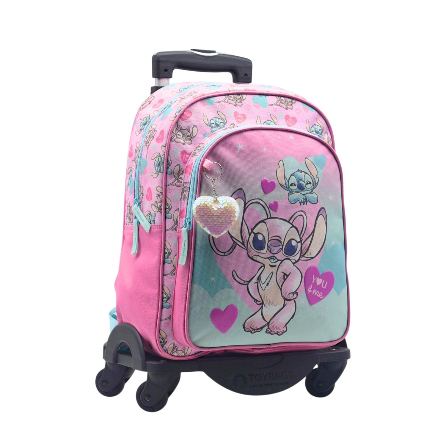 Mochila rosa con ruedas, estampado de Stitch, llavero de corazón.