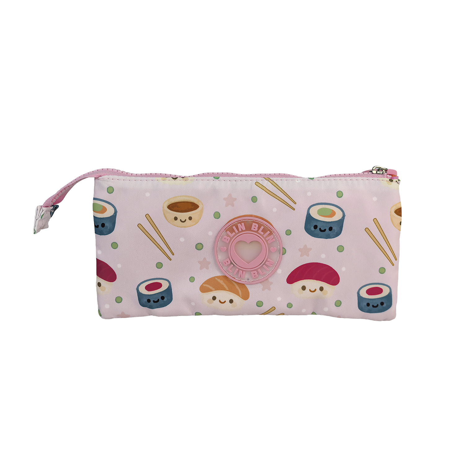 Ein rosa Federmäppchen mit Sushi-Motiv und einem Reißverschluss.