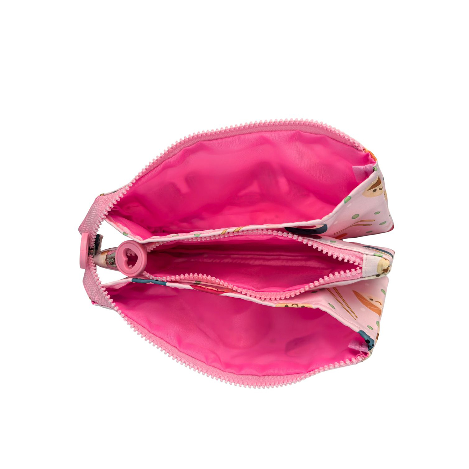 Eine offene rosa Tasche mit Comic-Motiv und pinkem Innenfutter.