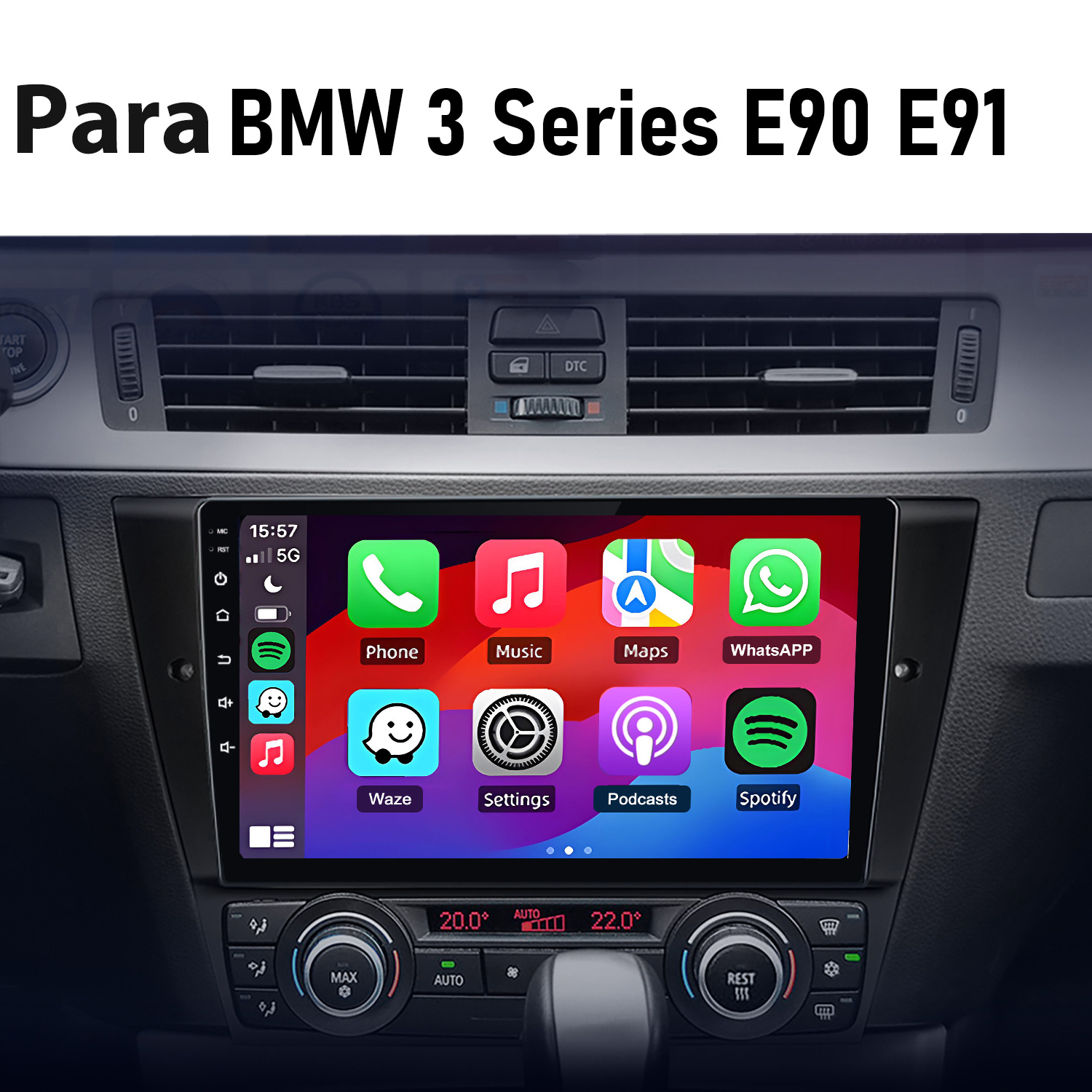 Pantalla del salpicadero del coche mostrando Teléfono, Música, Mapas, WhatsApp, Waze, Ajustes, Podcasts, Spotify.