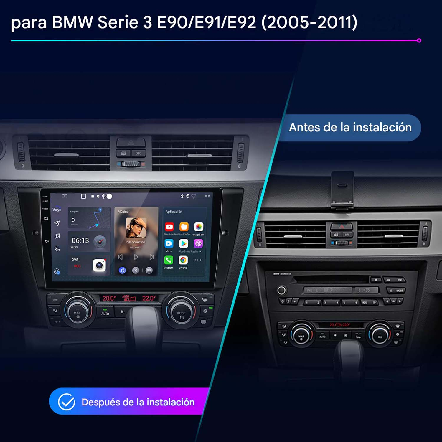 Comparación antes y después del salpicadero de un BMW Serie 3 con nuevo sistema multimedia.
