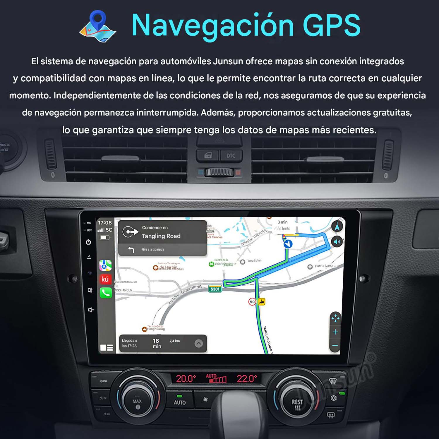 Un sistema de navegación para automóviles muestra un mapa con una ruta en su pantalla.