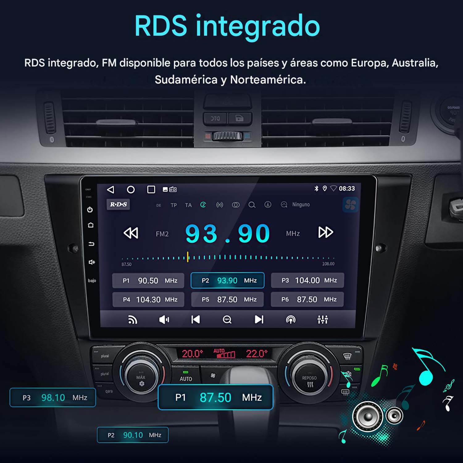 Sistema de infoentretenimiento para automóvil con radio FM RDS que muestra frecuencias.